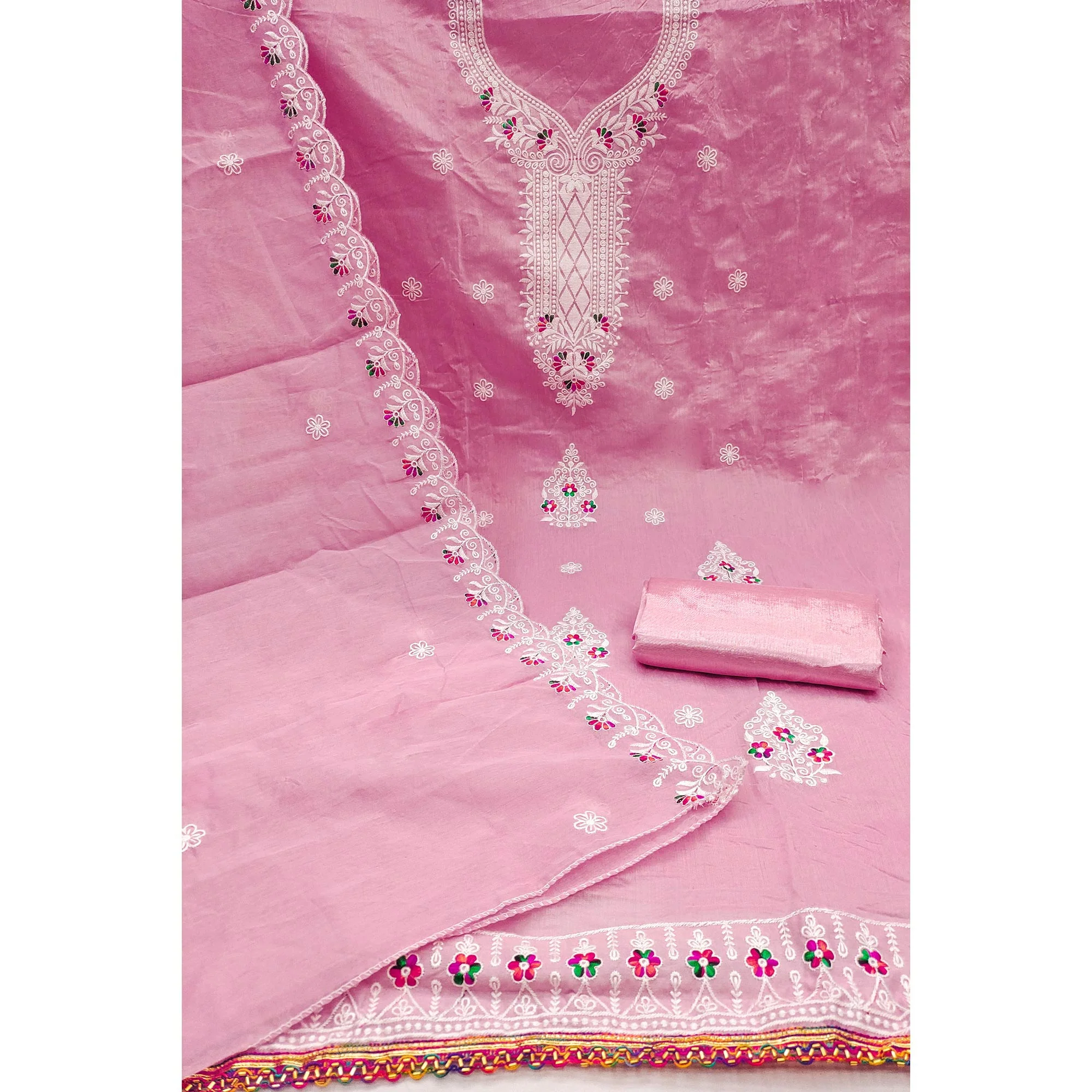 Pink Cambric Cotton Dress Material With Elegant Floral Embroidery Work - Image 4