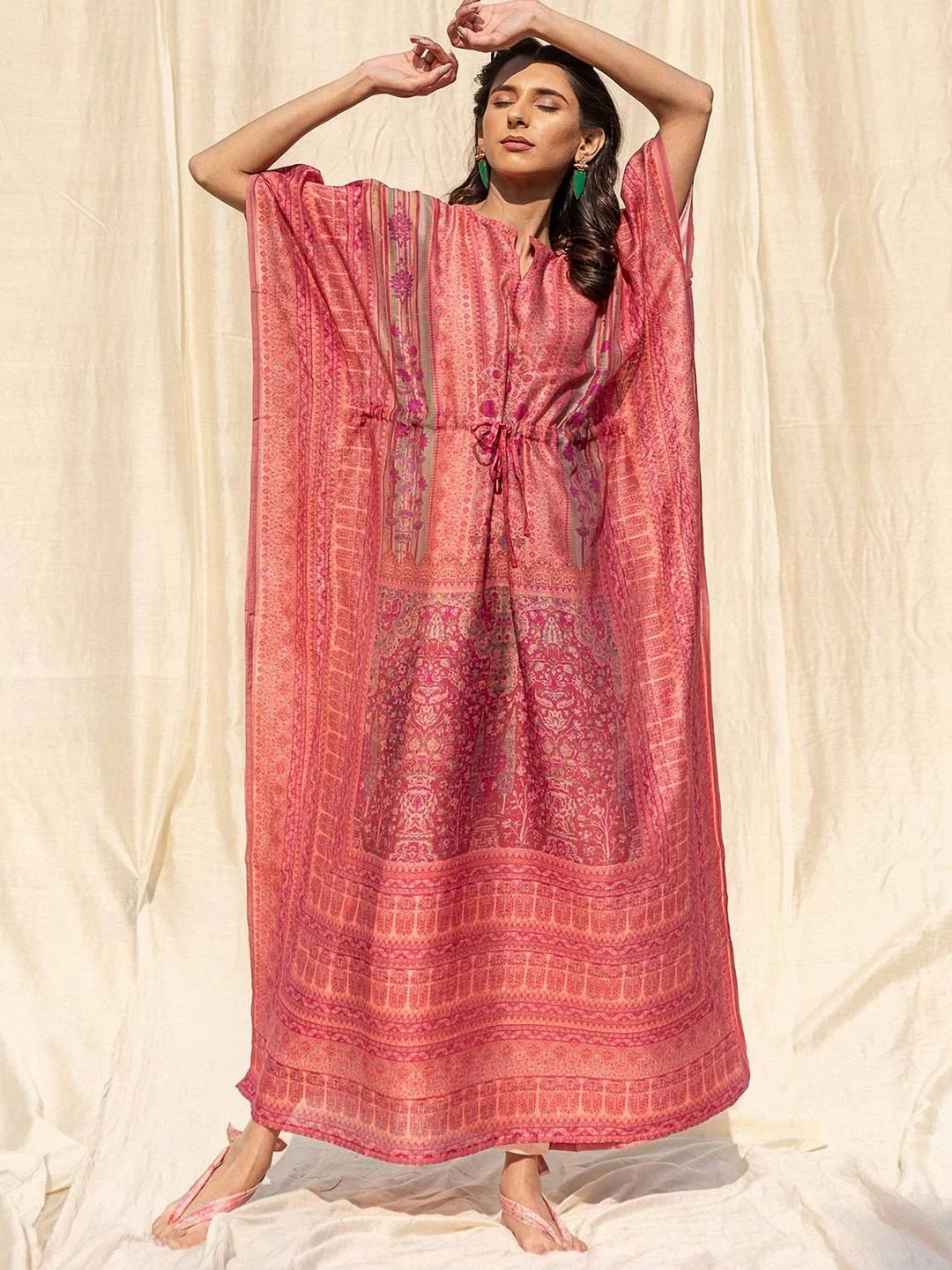 Pink Casual Wear Floral Digtial Printed Silk Kaftan Kurti - Image 3