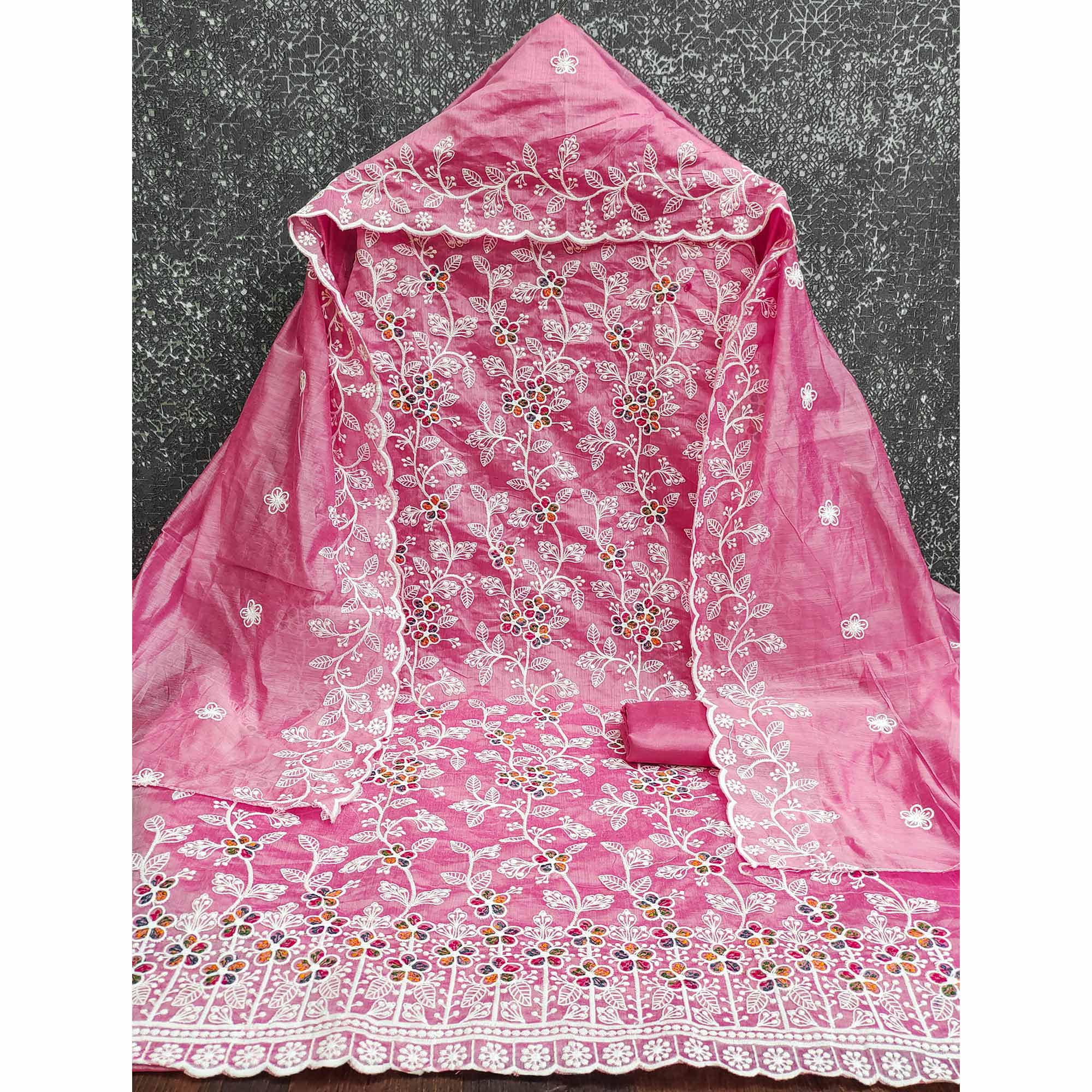 Pink Chanderi Cotton Dress Material Adorned With Elegant Floral Thread Embroidery Work - Image 4