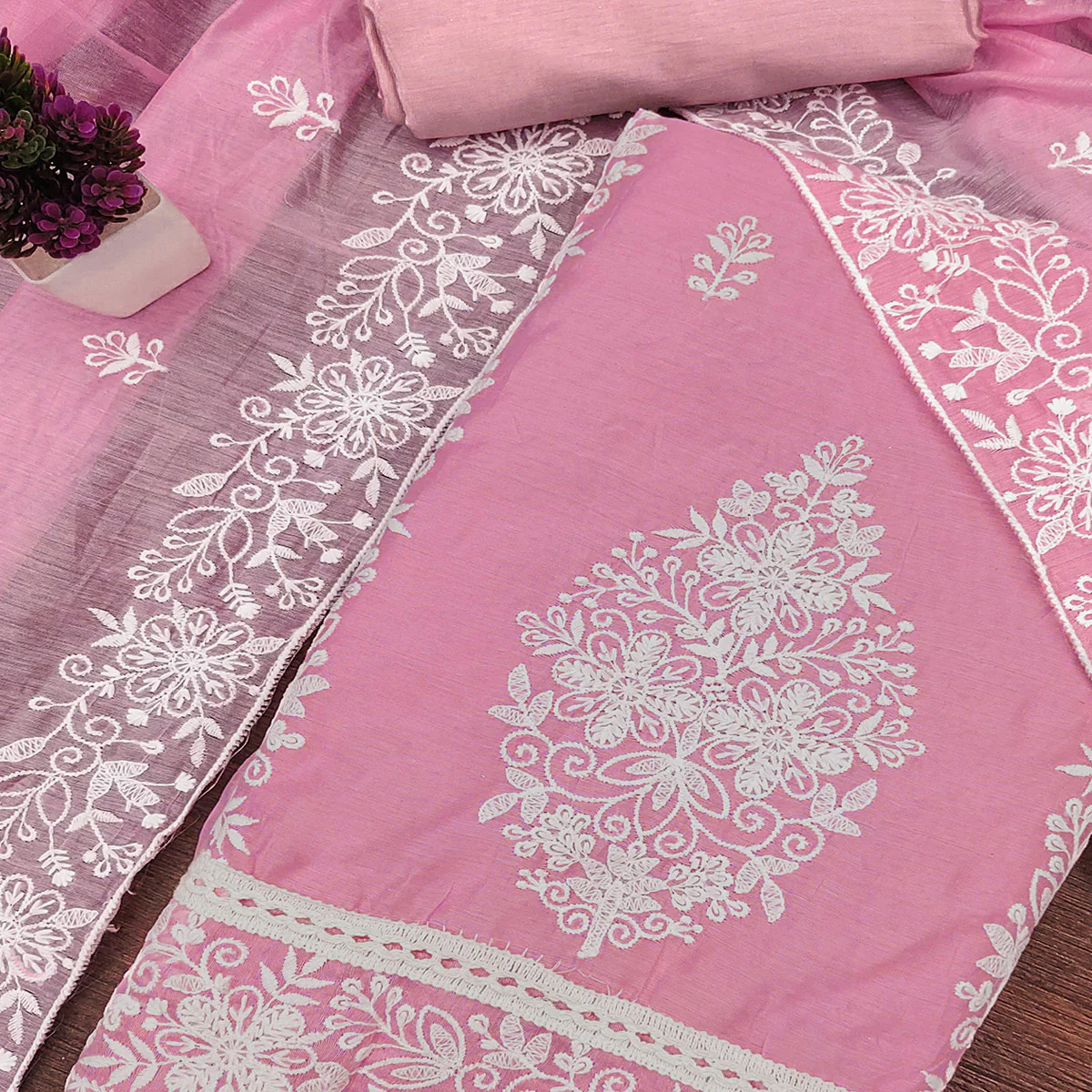 Pink Chanderi Cotton Dress Material With Graceful Floral Thread Embroidery - Image 2
