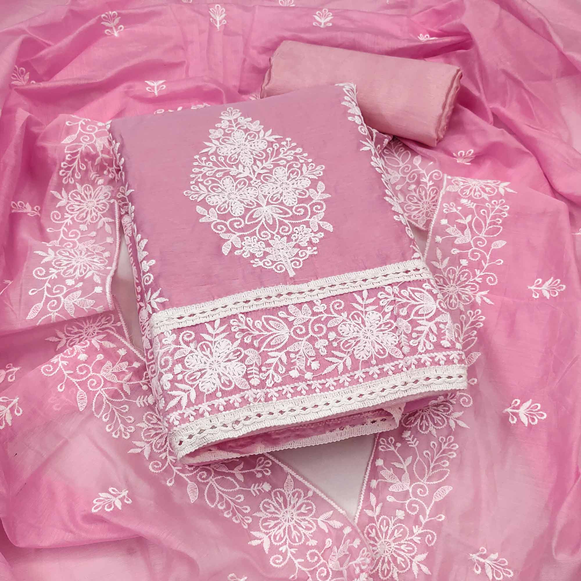 Pink Chanderi Cotton Dress Material With Graceful Floral Thread Embroidery - Image 3