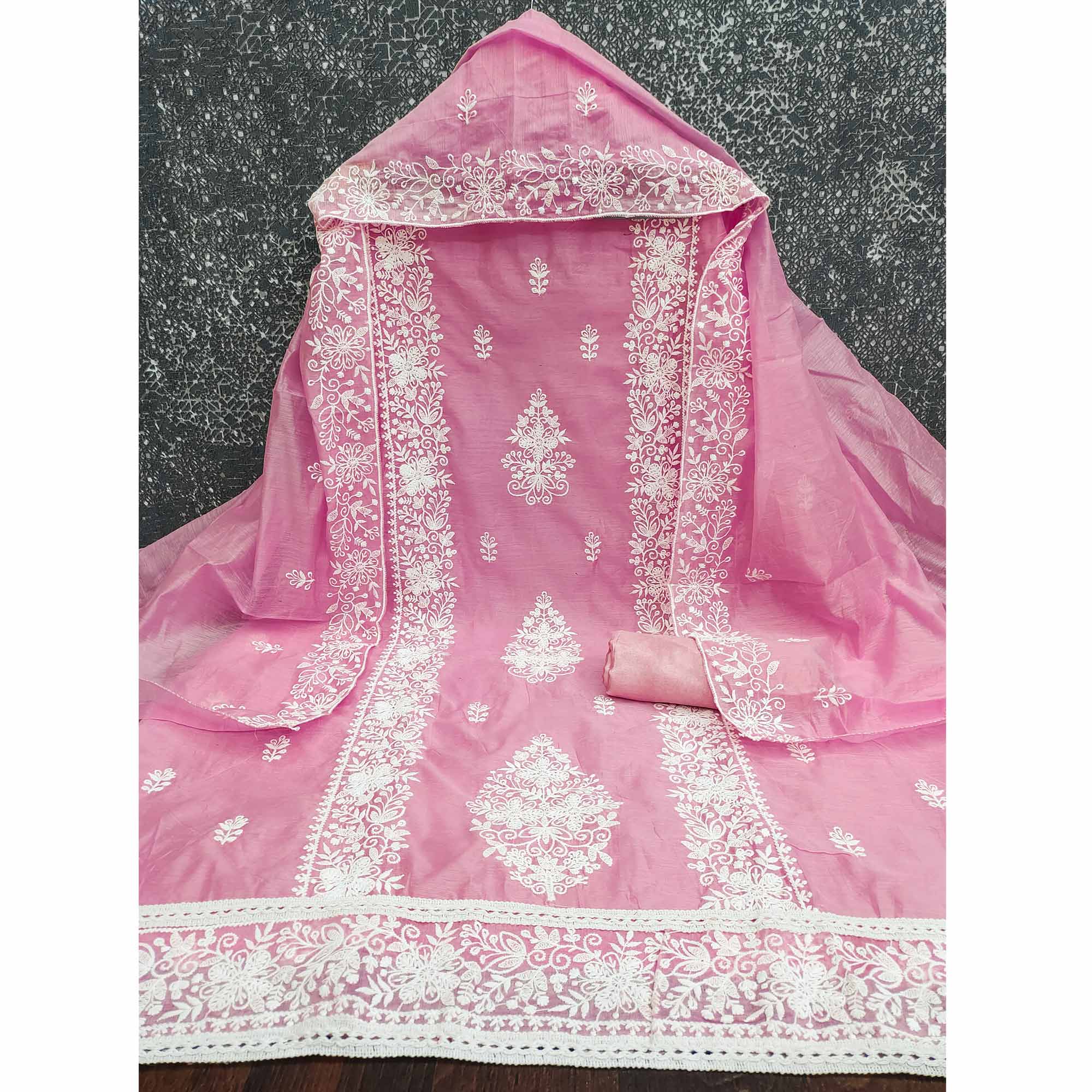 Pink Chanderi Cotton Dress Material With Graceful Floral Thread Embroidery - Image 4