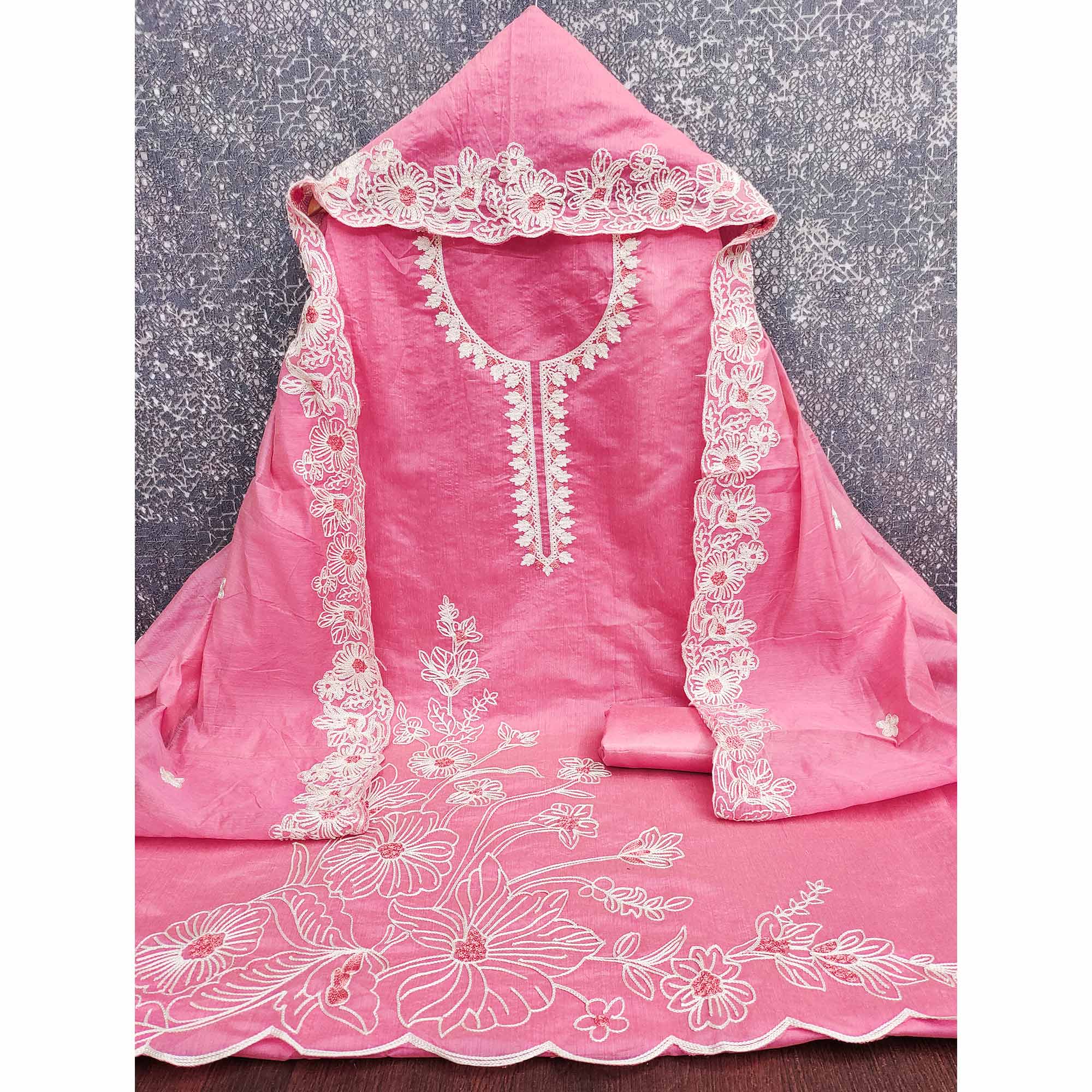 Pink Chanderi Silk Dress Material Enhanced With Floral Thread Embroidered Work - Image 4
