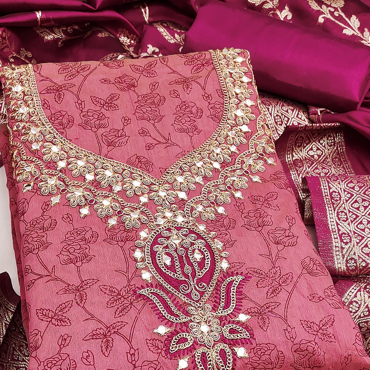 Pink Chanderi Silk Dress Material Featuring Floral Print & Cording Embroidered Detailing - Image 2