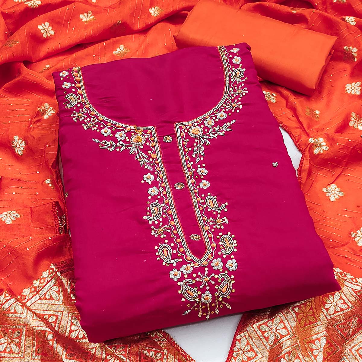 Pink Chanderi Silk Dress Material Featuring Intricate Beads & Stone Embroidery - Image 2