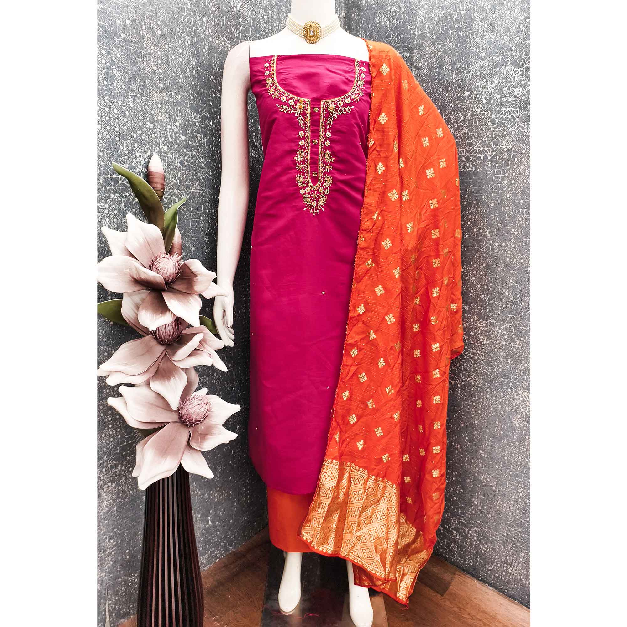 Pink Chanderi Silk Dress Material Featuring Intricate Beads & Stone Embroidery - Image 3