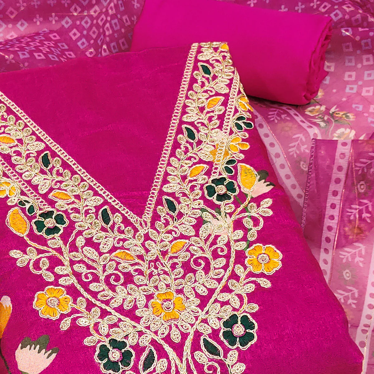 Pink Chanderi Silk Dress Material With Alluring Floral Digital Print & Delicate Cording Embroidery - Image 2