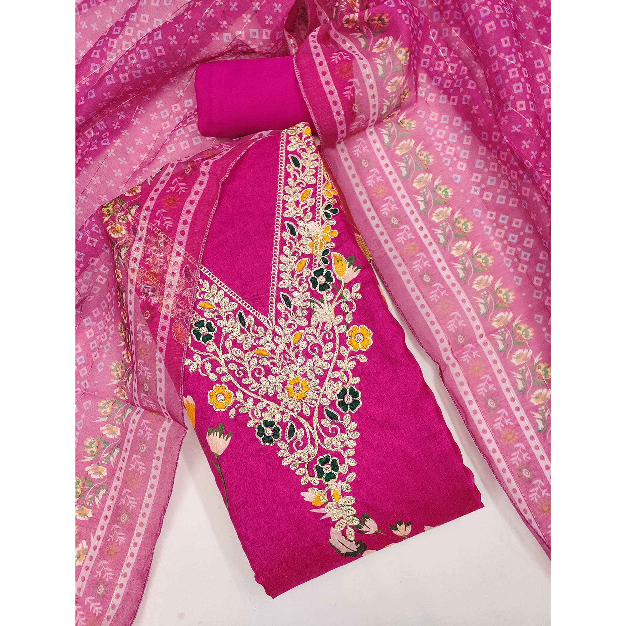 Pink Chanderi Silk Dress Material With Alluring Floral Digital Print & Delicate Cording Embroidery - Image 3