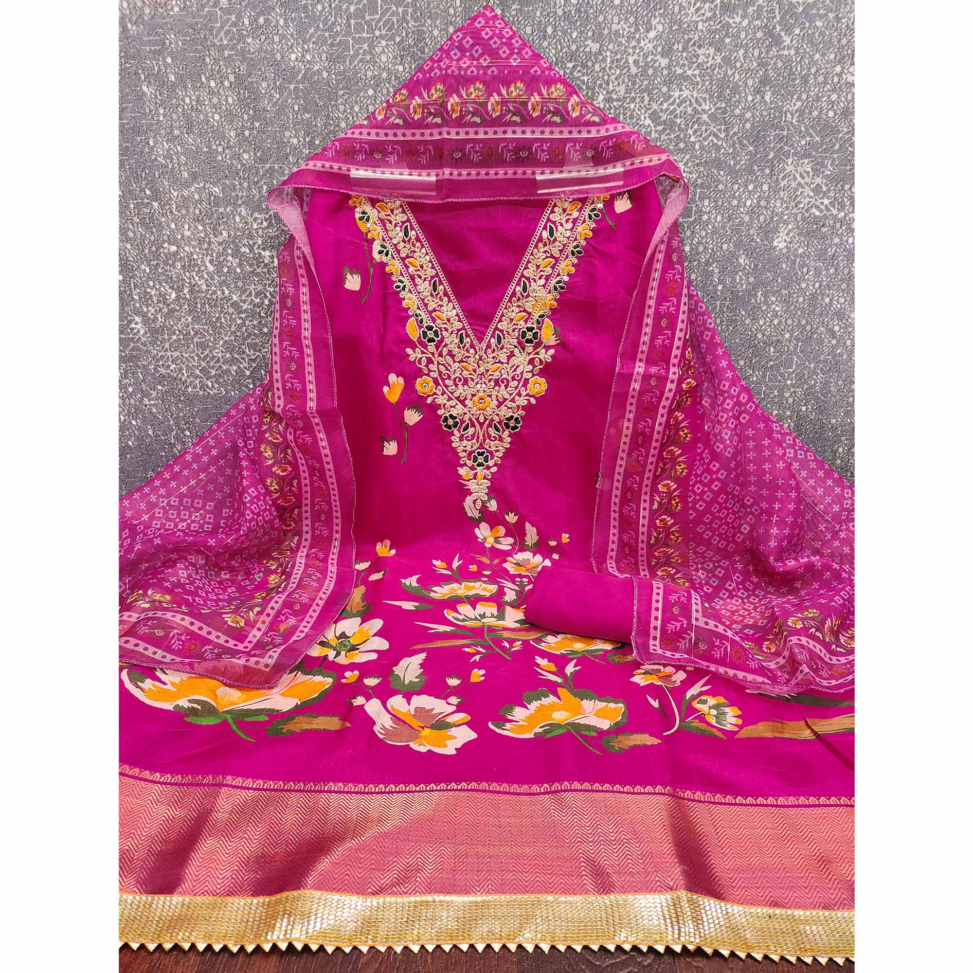 Pink Chanderi Silk Dress Material With Alluring Floral Digital Print & Delicate Cording Embroidery - Image 4