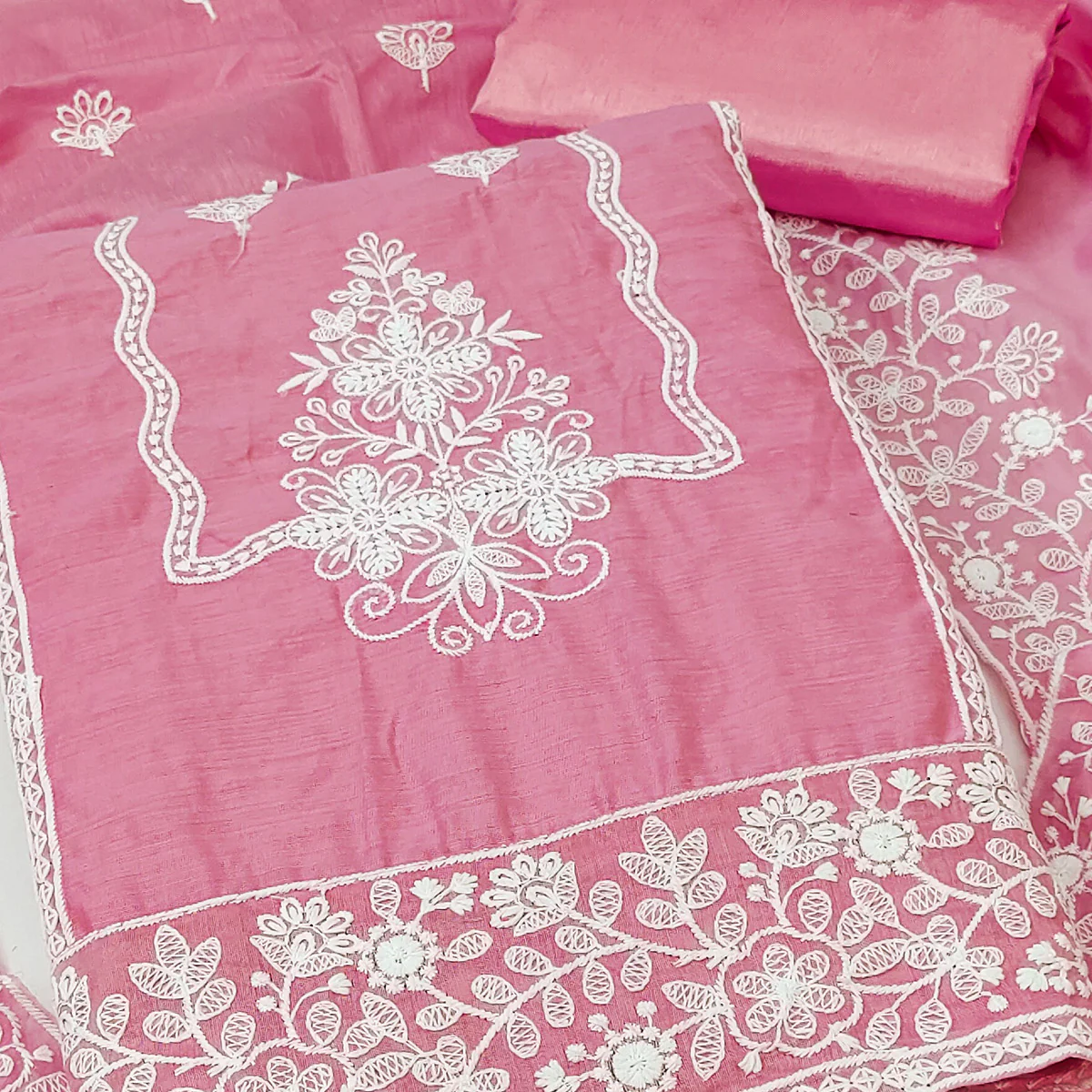Pink Chanderi Silk Dress Material With Exquisite Floral Thread Embroidery - Image 2