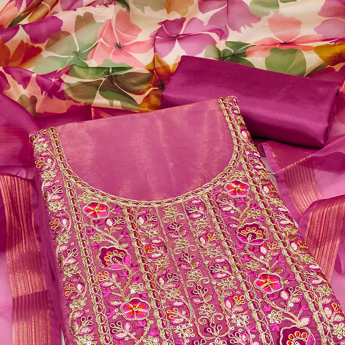 Pink Chanderi Silk Unstitched Suit with Embroidered Detailing - Image 2