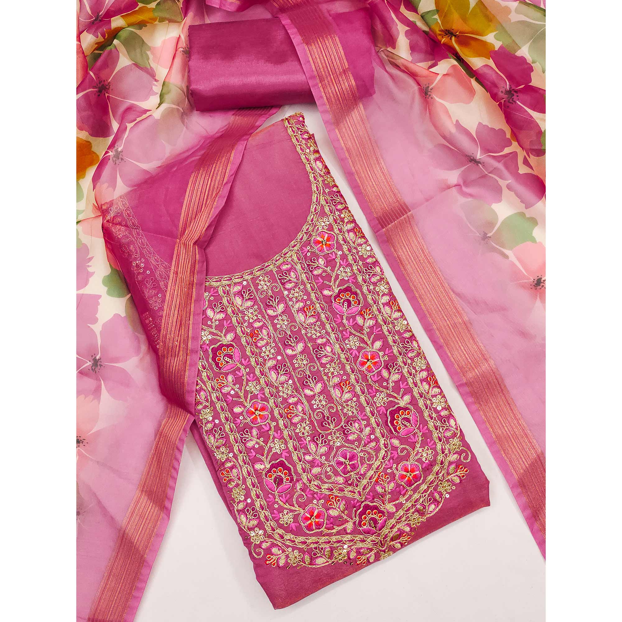 Pink Chanderi Silk Unstitched Suit with Embroidered Detailing - Image 3
