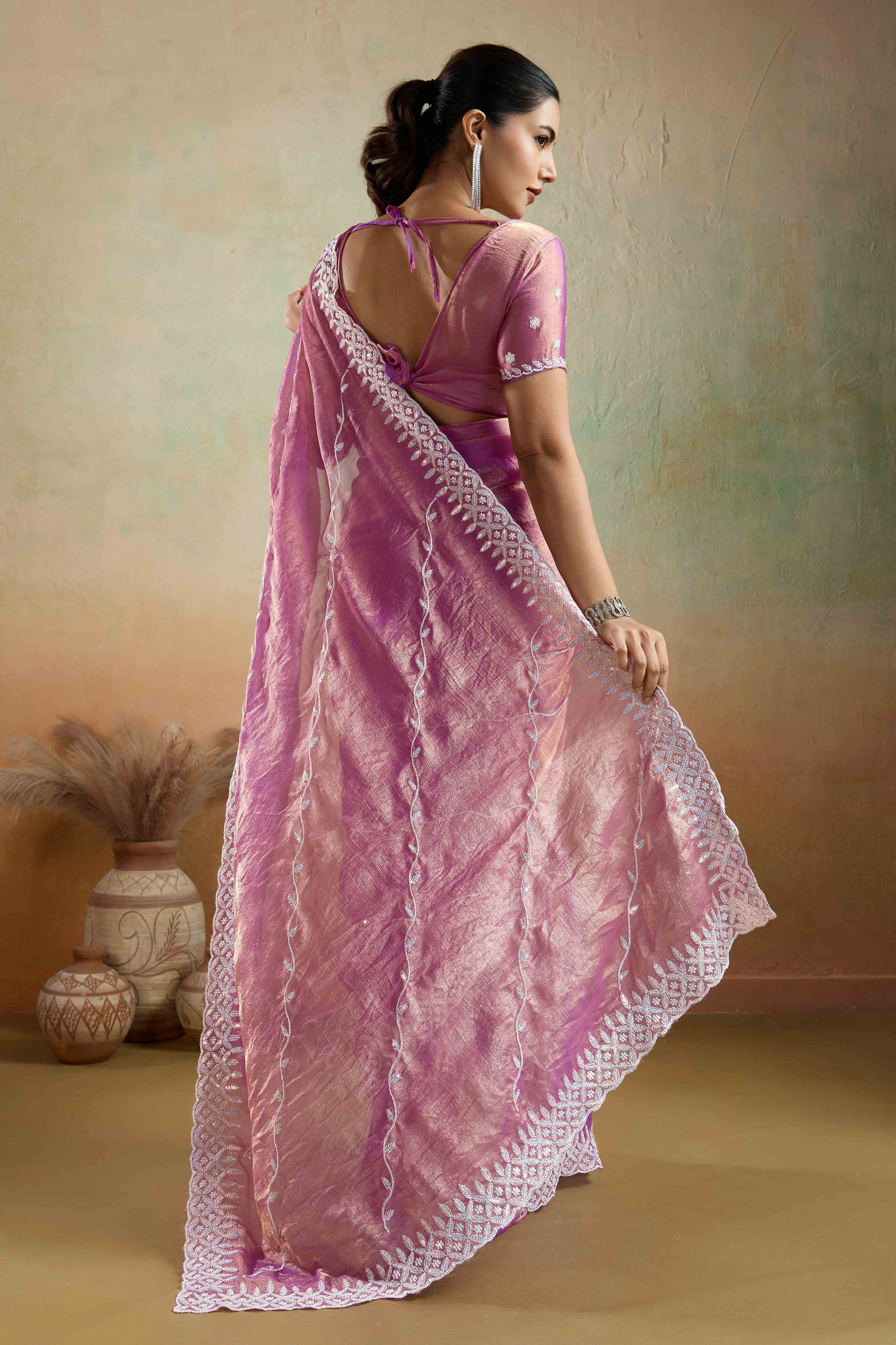 Pink Chiffon Saree with Rich Velvet Accents & Thread Detailing - Image 4