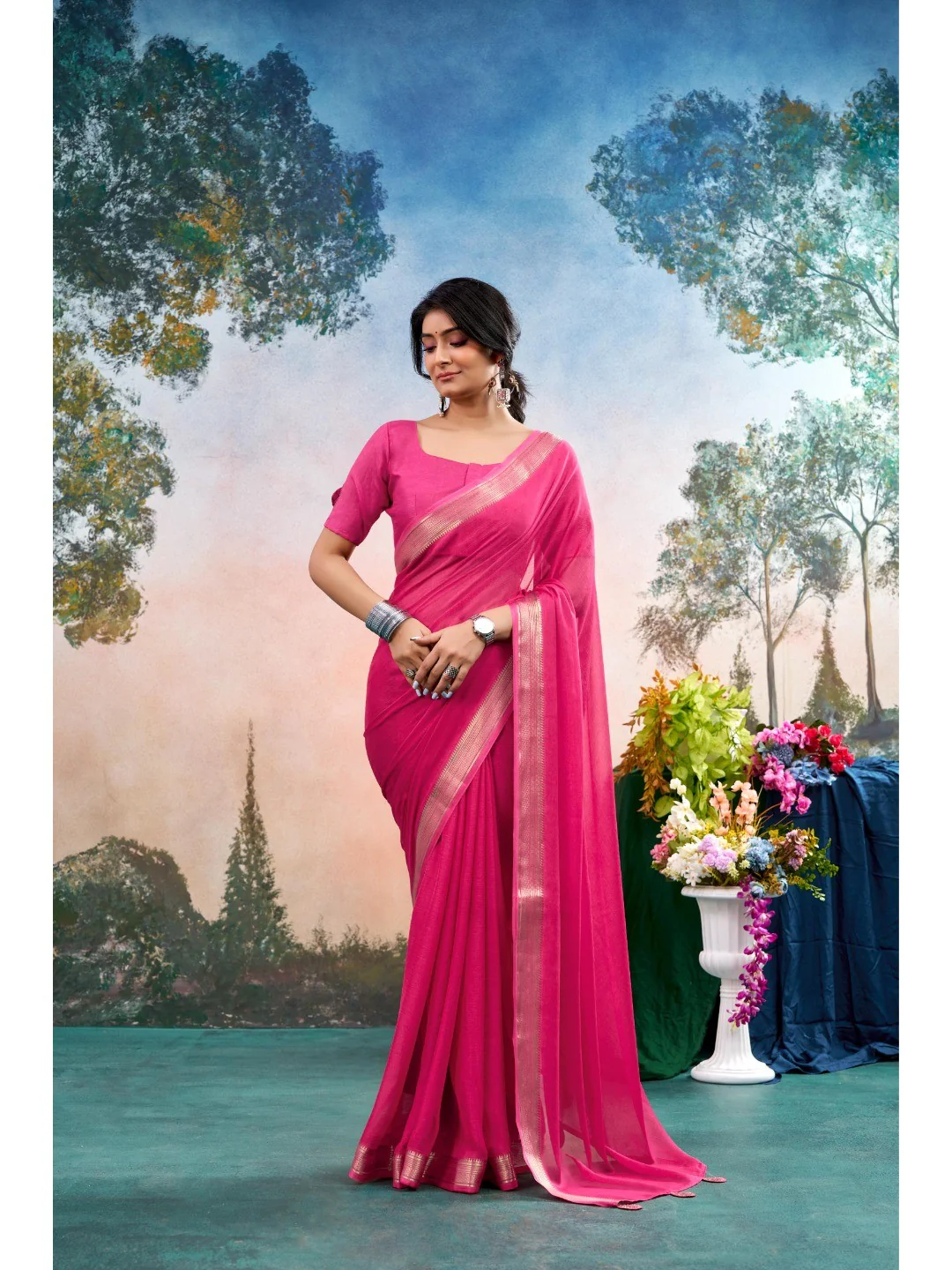 Pink Chinon Saree Featuring Classic Golden Zari Border with Smooth Solid Finish