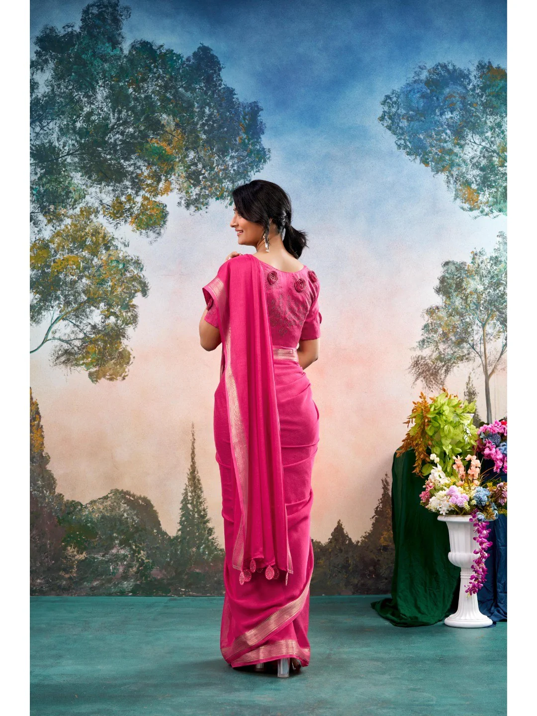Pink Chinon Saree Featuring Classic Golden Zari Border with Smooth Solid Finish - Image 3