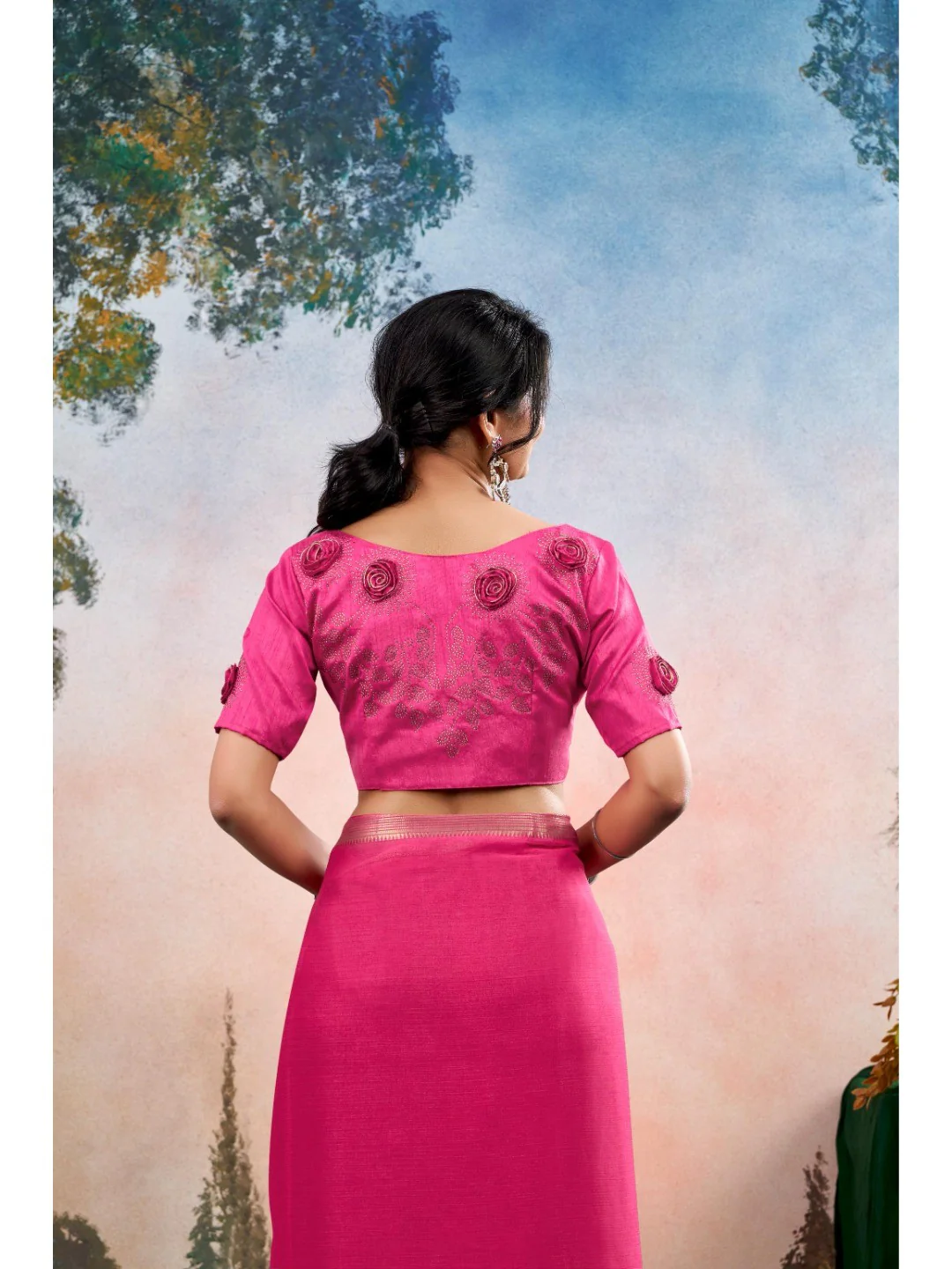 Pink Chinon Saree Featuring Classic Golden Zari Border with Smooth Solid Finish - Image 4
