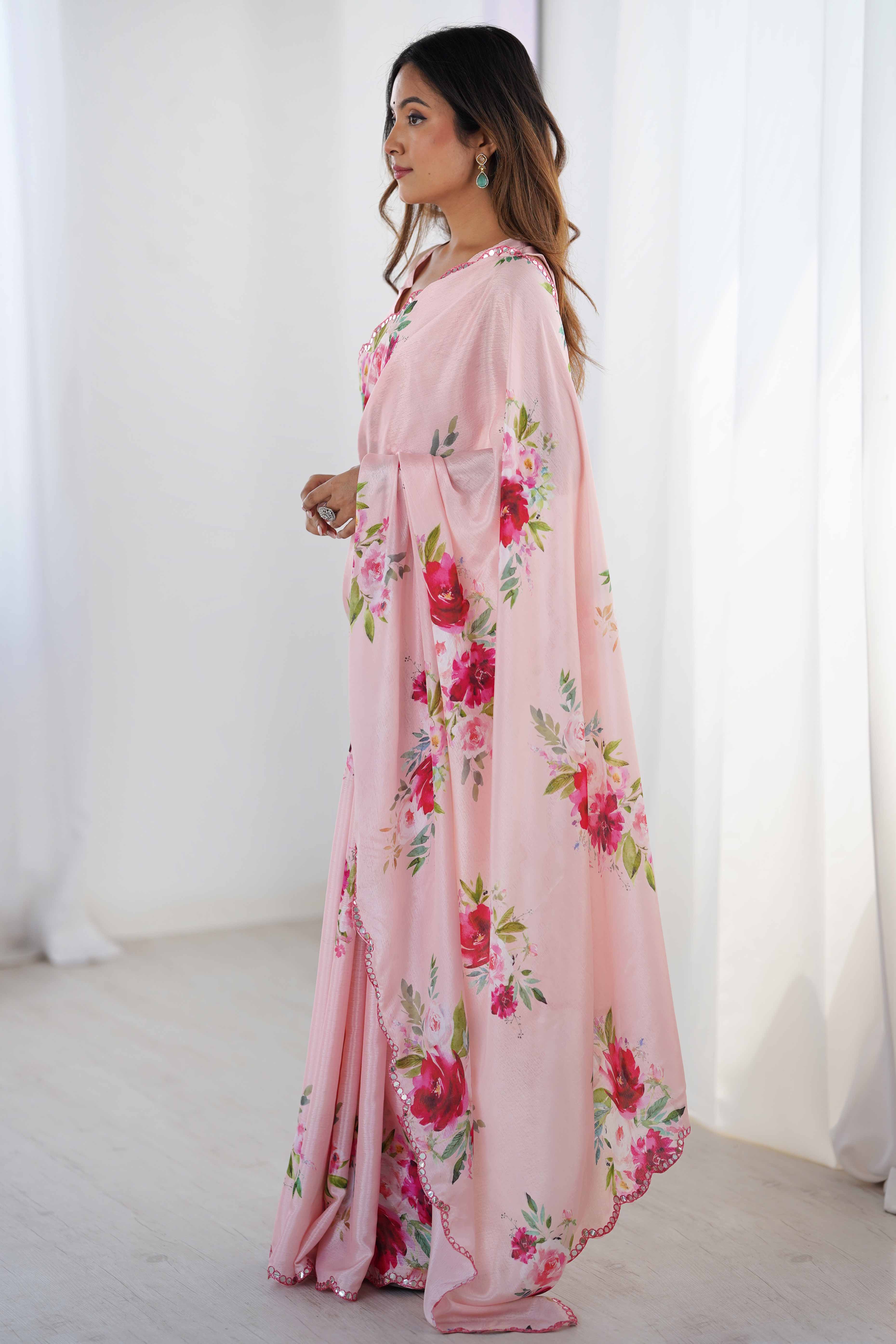 Pink Chinon Saree with Glimmering Mirror Work and Floral Prints - Image 4