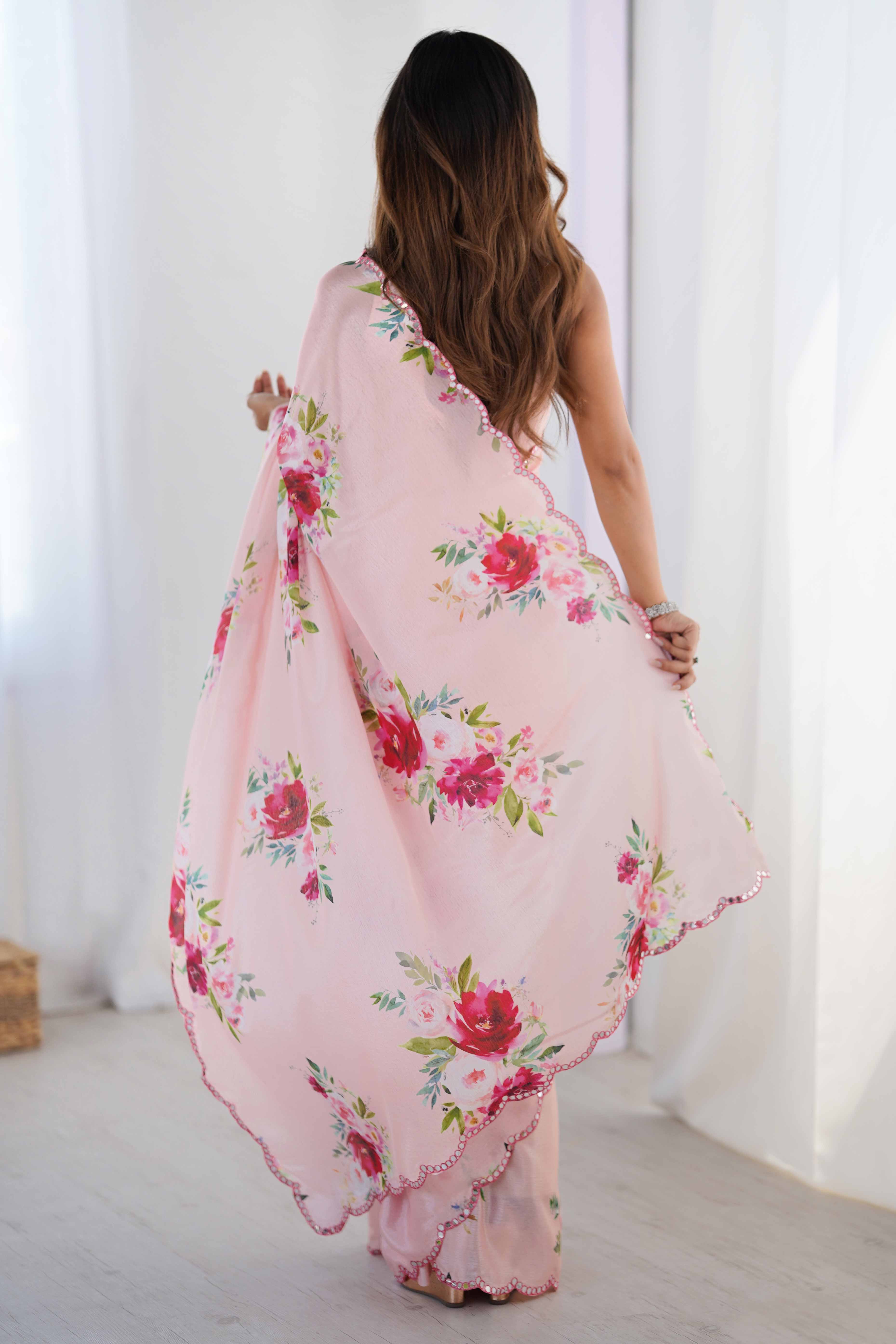 Pink Chinon Saree with Glimmering Mirror Work and Floral Prints - Image 5