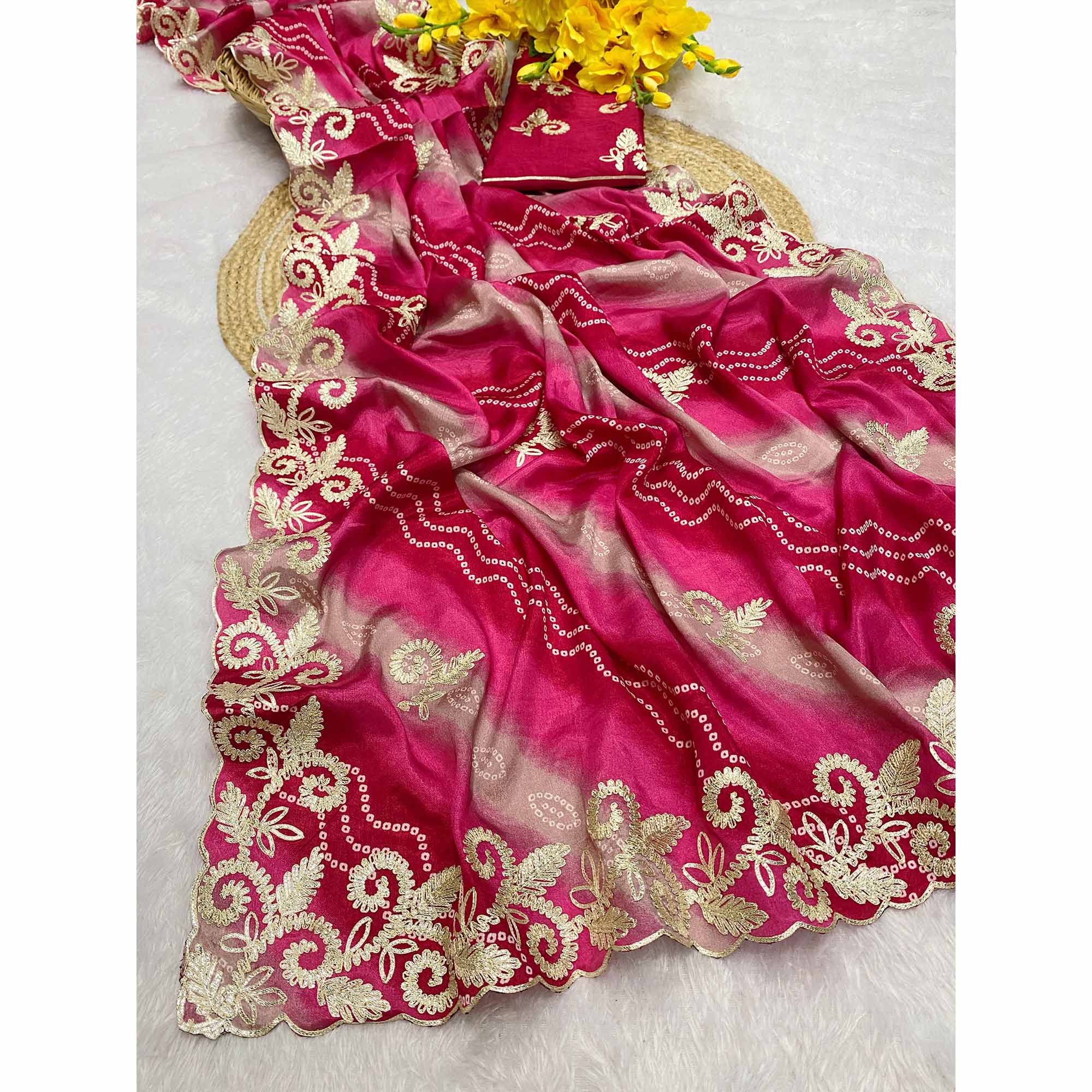 Pink Chinon Saree With Timeless Bandhani Print & Exquisite Gota Patti Embroidery - Image 4