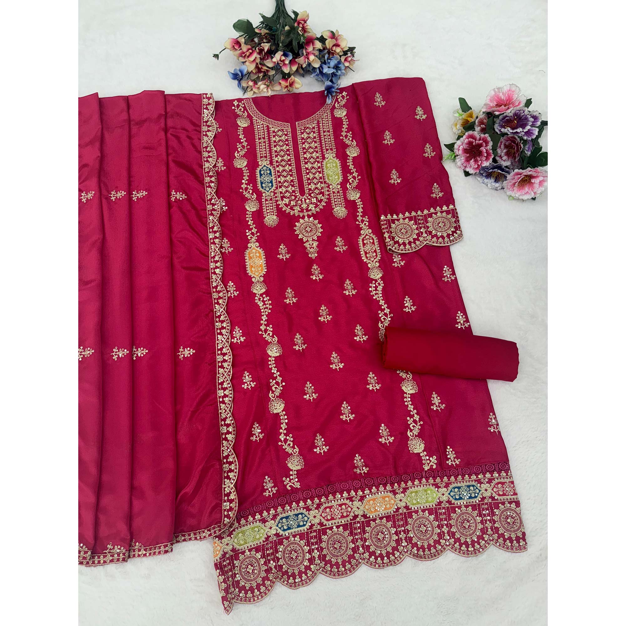 Pink Chinon Semi-Stitched Pakistani Salwar Suit with Elegant Golden Thread Embroidery - Image 4