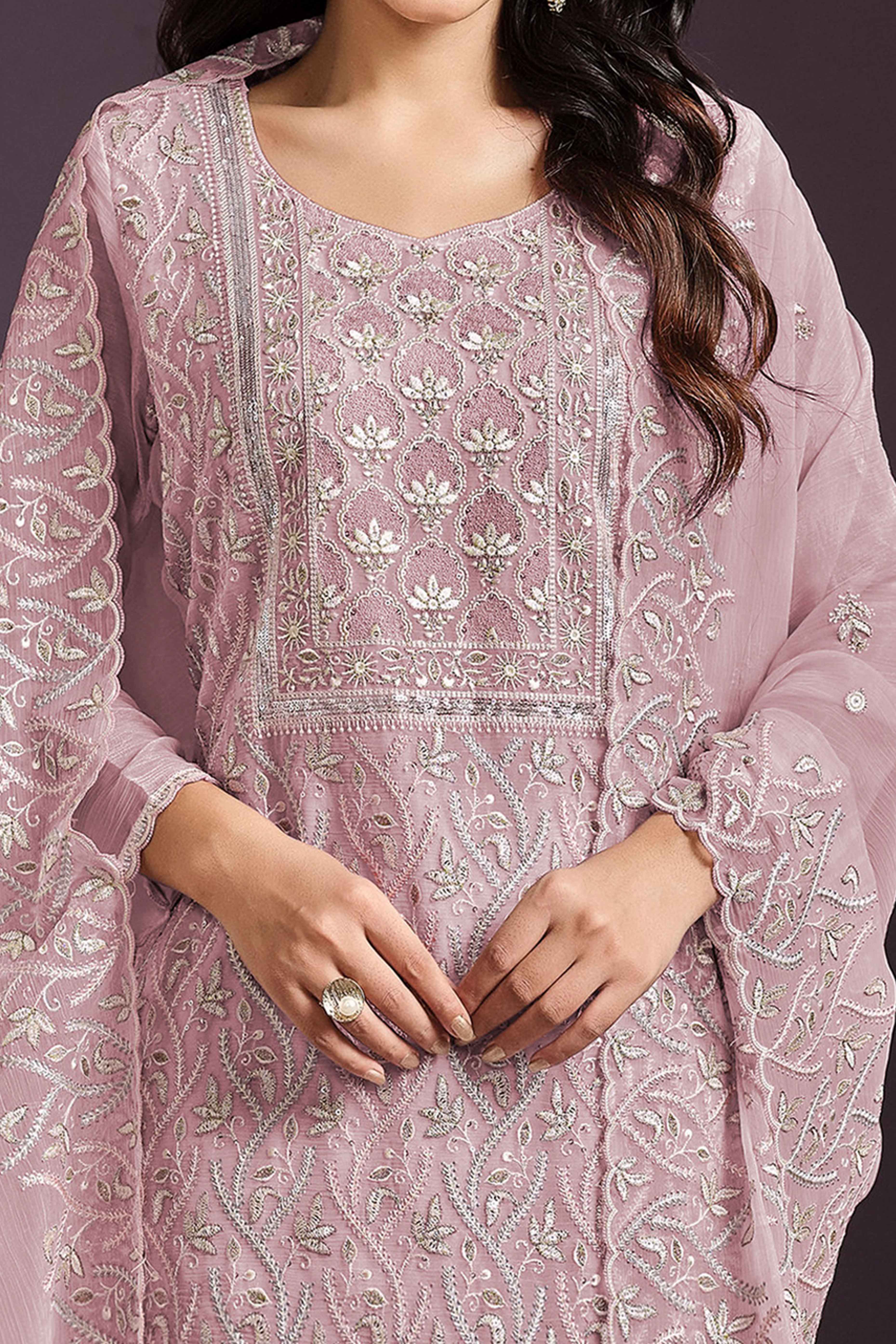Pink Chinon Silk Semi Stitched Suit With Floral Thread Embroidery & Sequin - Image 2