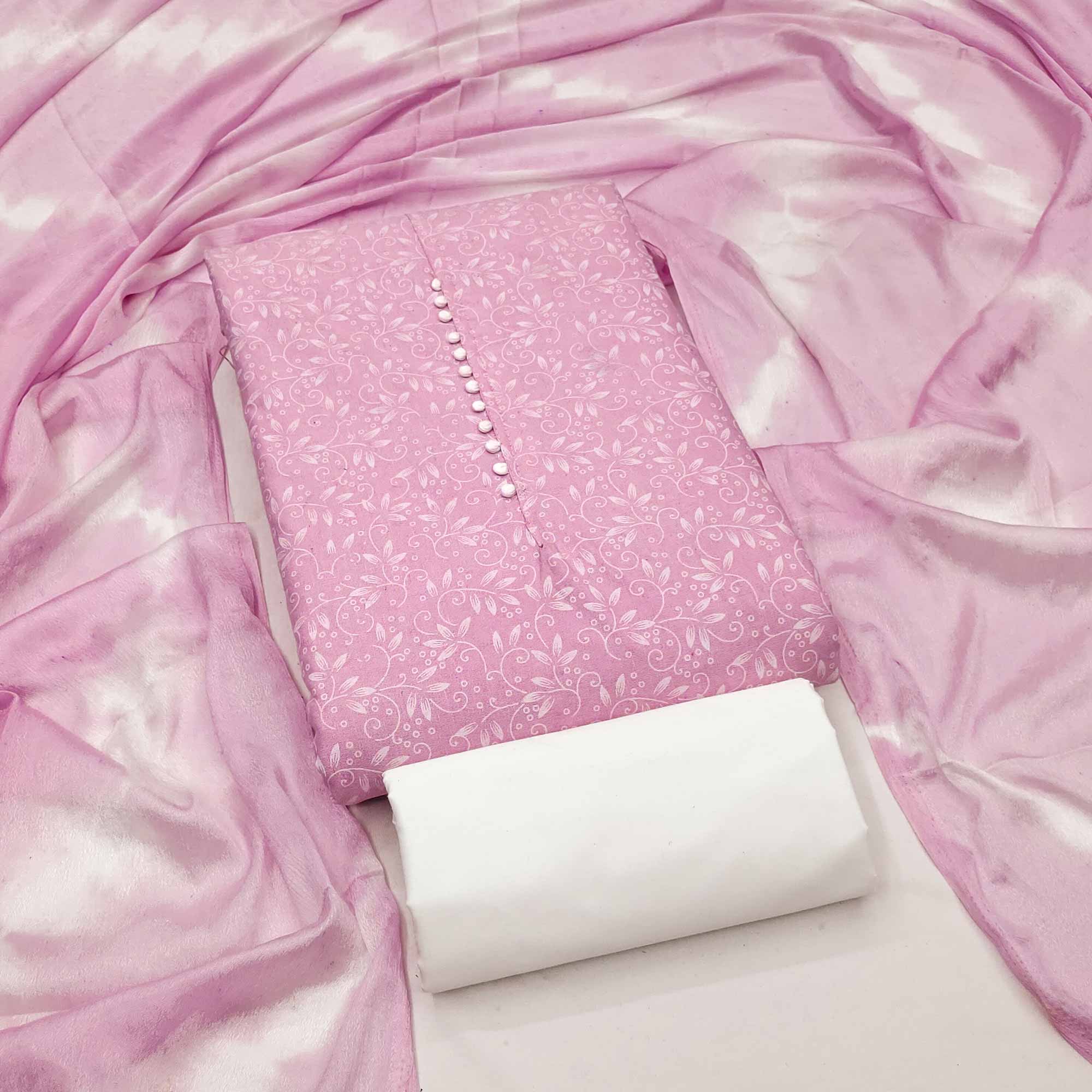 Pink Cotton Blend Dress Material Enhanced With Artistic Floral Printed Work - Image 3