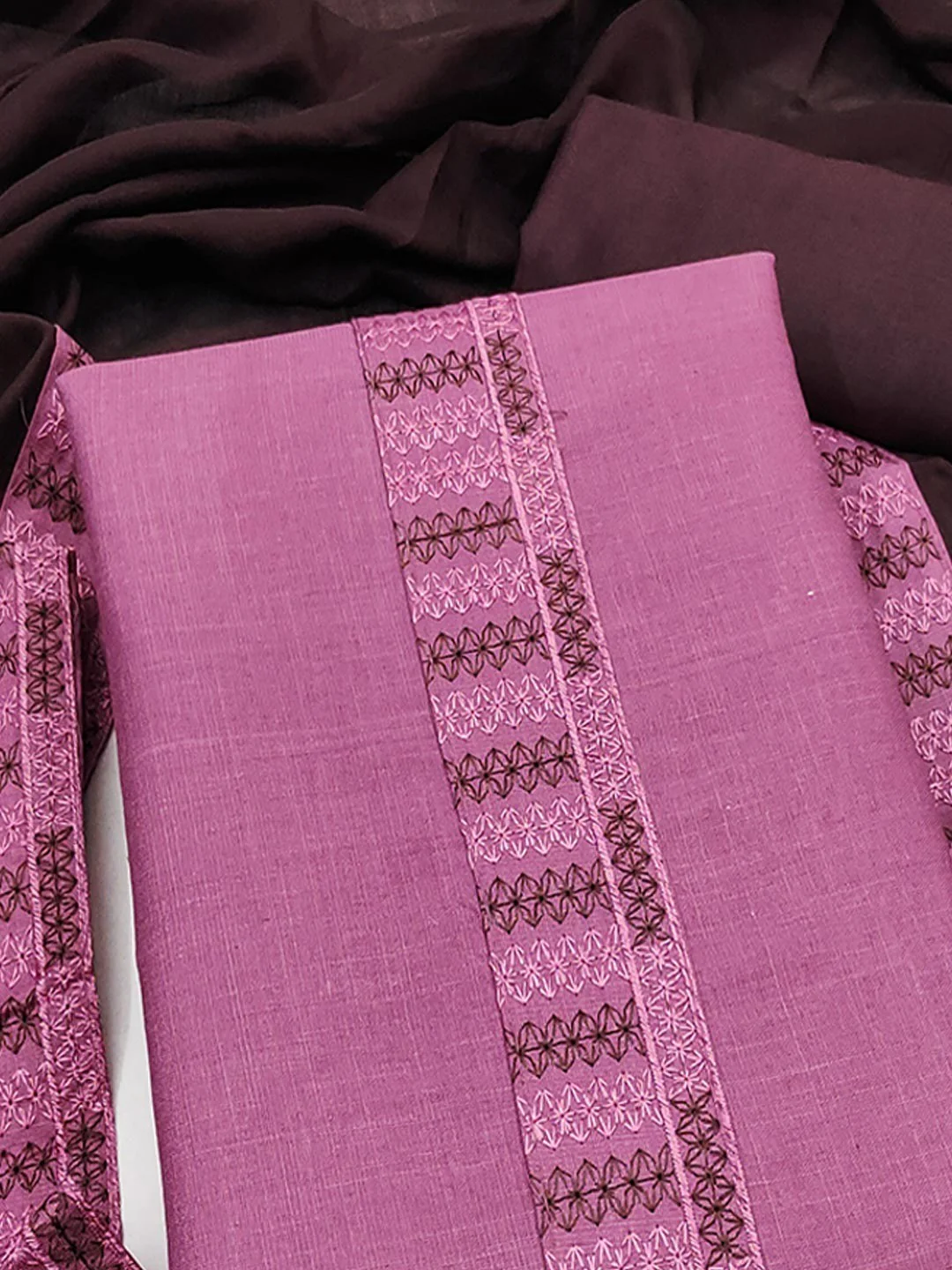 Pink Cotton Blend Dress Material with Intricate Embroidered Yoke and Ombre-Shaded Dupatta - Image 5