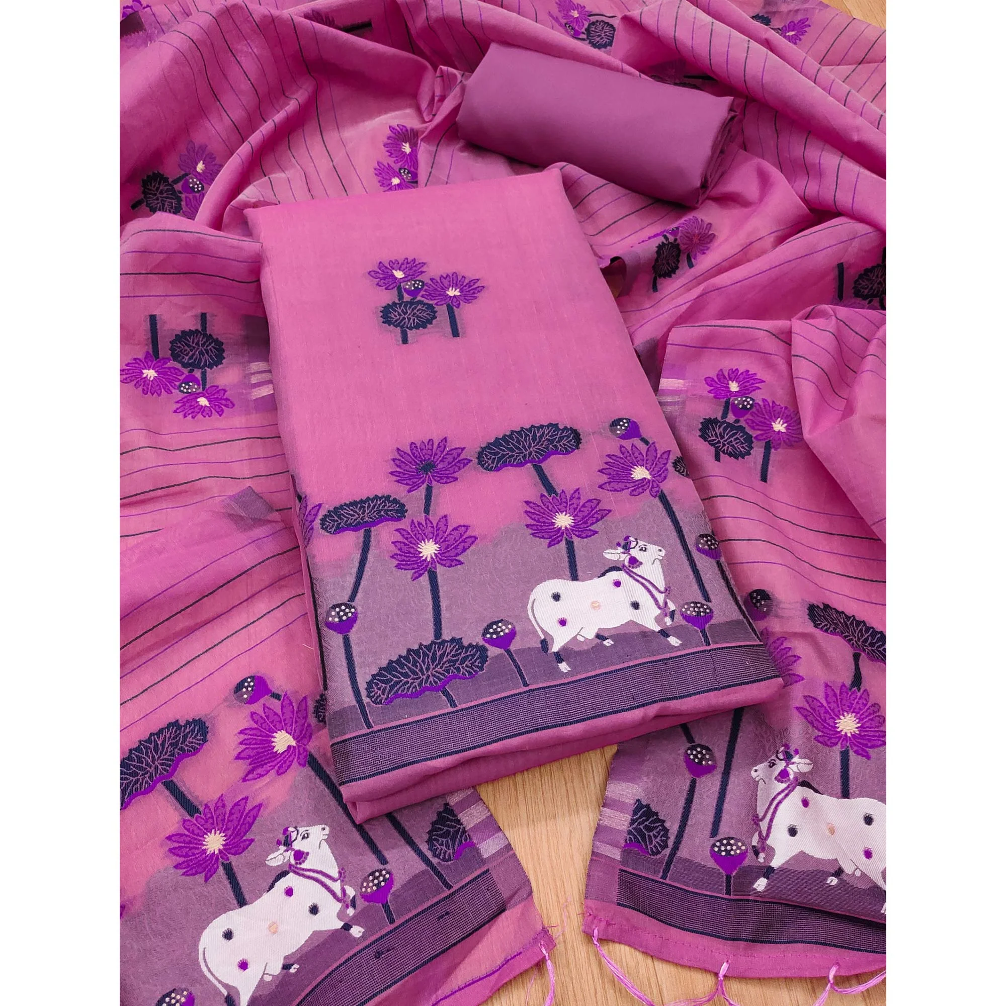 Pink Cotton Blend Dress Material With Intricate Floral Zari Weaving Detail - Image 3