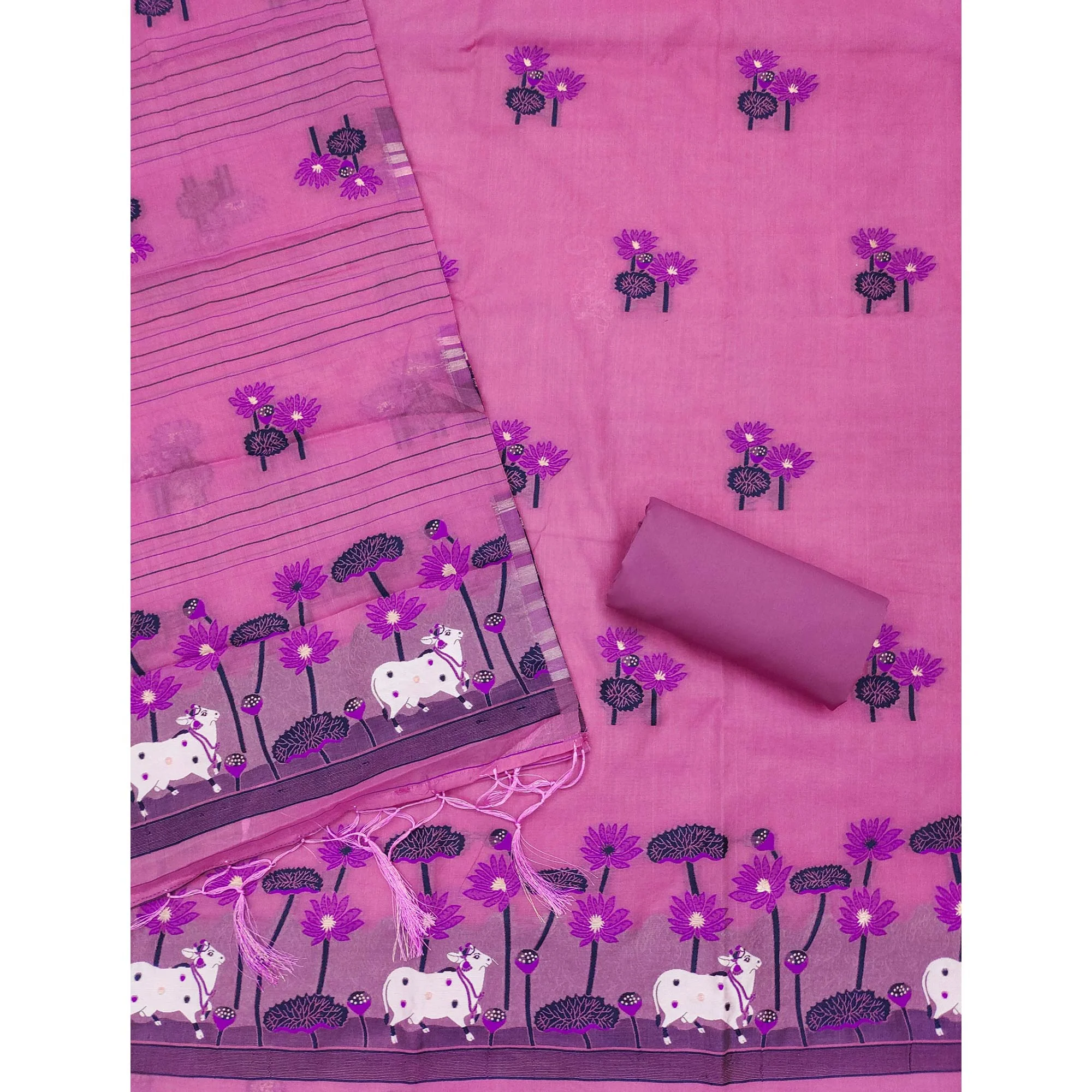 Pink Cotton Blend Dress Material With Intricate Floral Zari Weaving Detail - Image 4