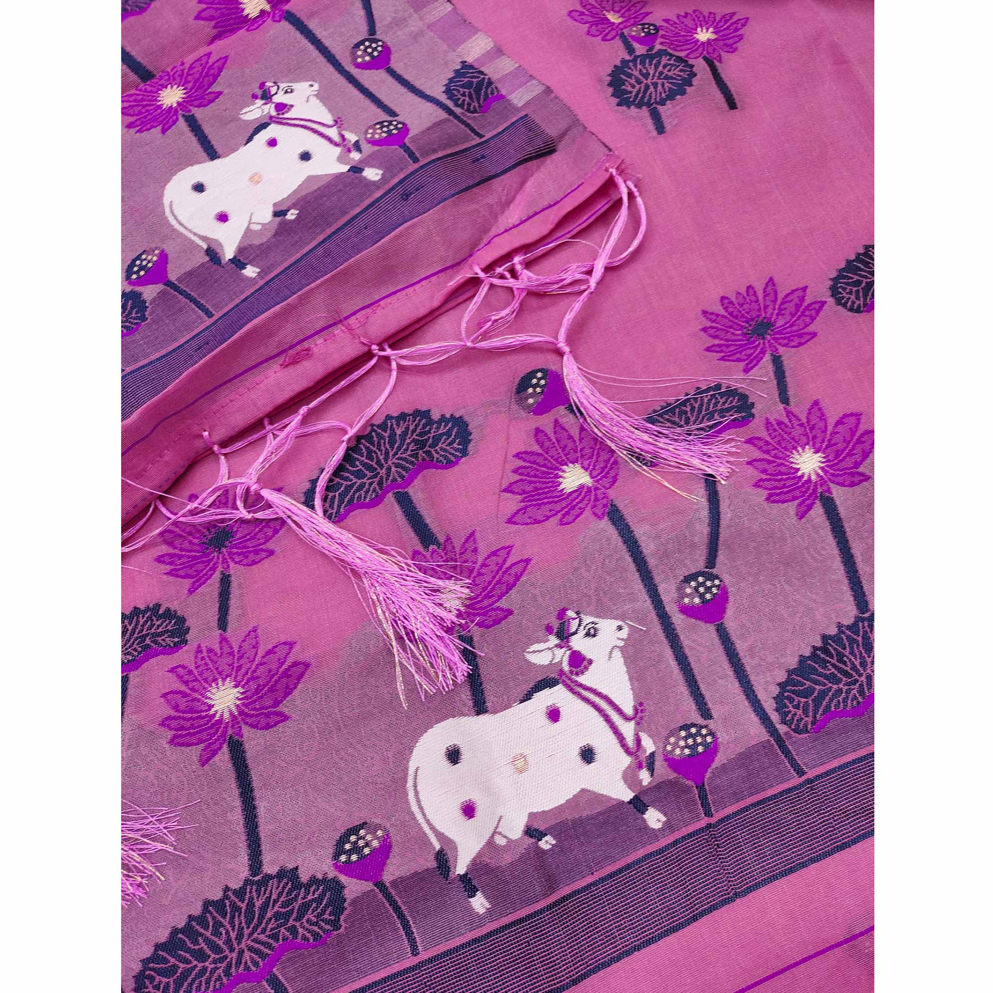 Pink Cotton Blend Dress Material With Intricate Floral Zari Weaving Detail - Image 5
