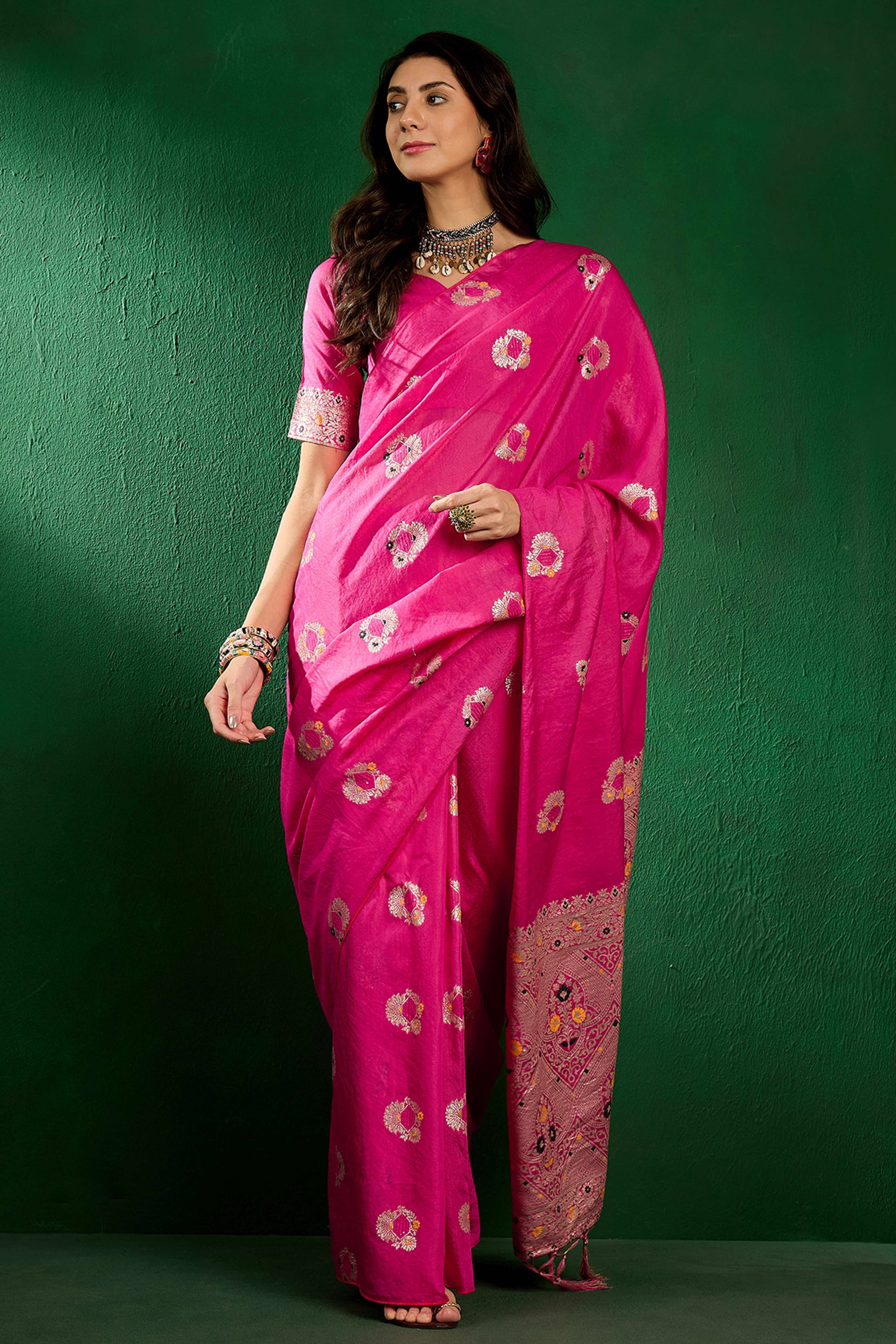 Pink Cotton Blend Meena Jacquard Saree Enhanced With Floral Weaving & Graceful Tassel Pallu - Image 3
