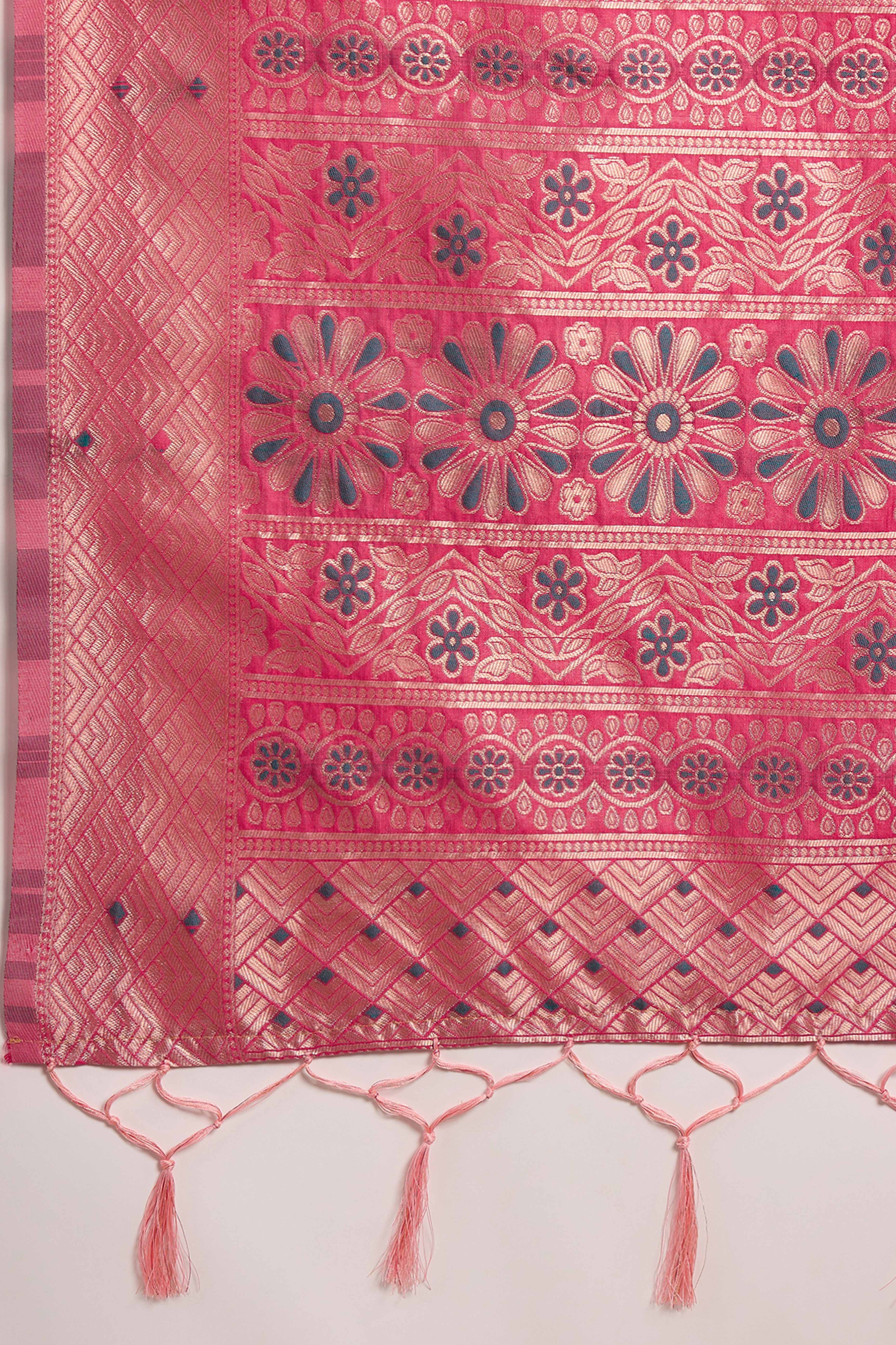 Pink Cotton Blend Saree Adorned With Intricate Floral Zari Weaving & A Stylish Tassel Pallu - Image 8