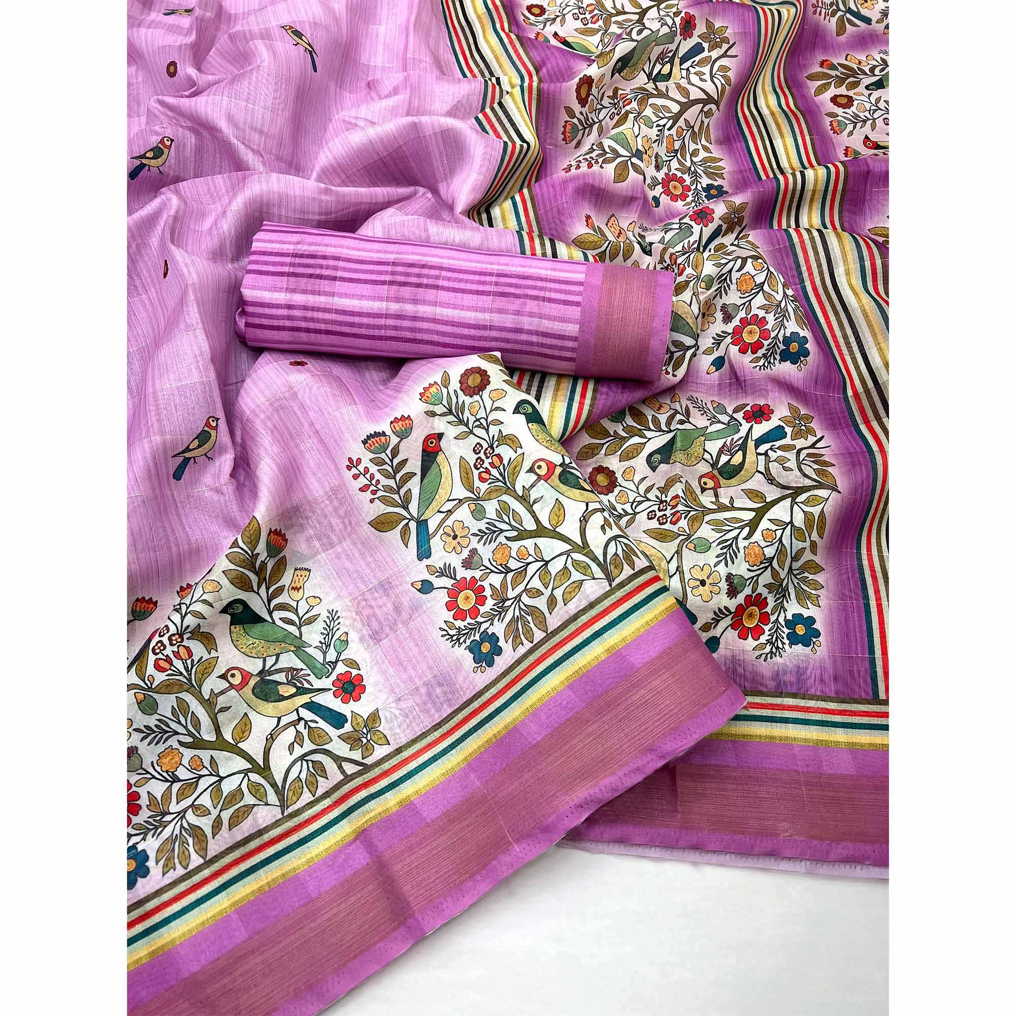59Pink Cotton Blend Saree Highlighted With Bird & Floral Digital Print - Image 3