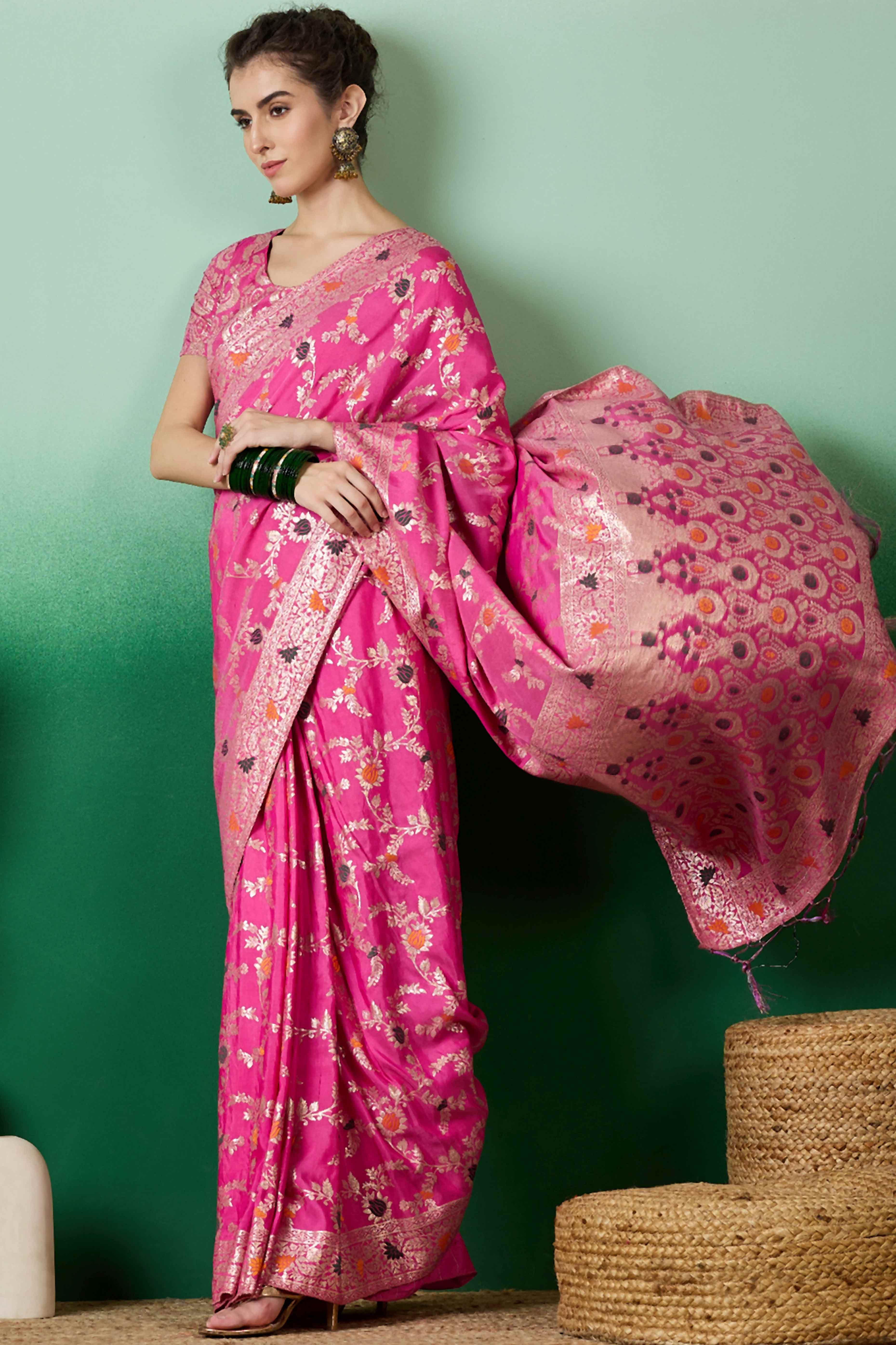 Pink Cotton Meena Jacquard Saree Featuring Intricate Floral Weaving & Tassels On The Pallu - Image 3