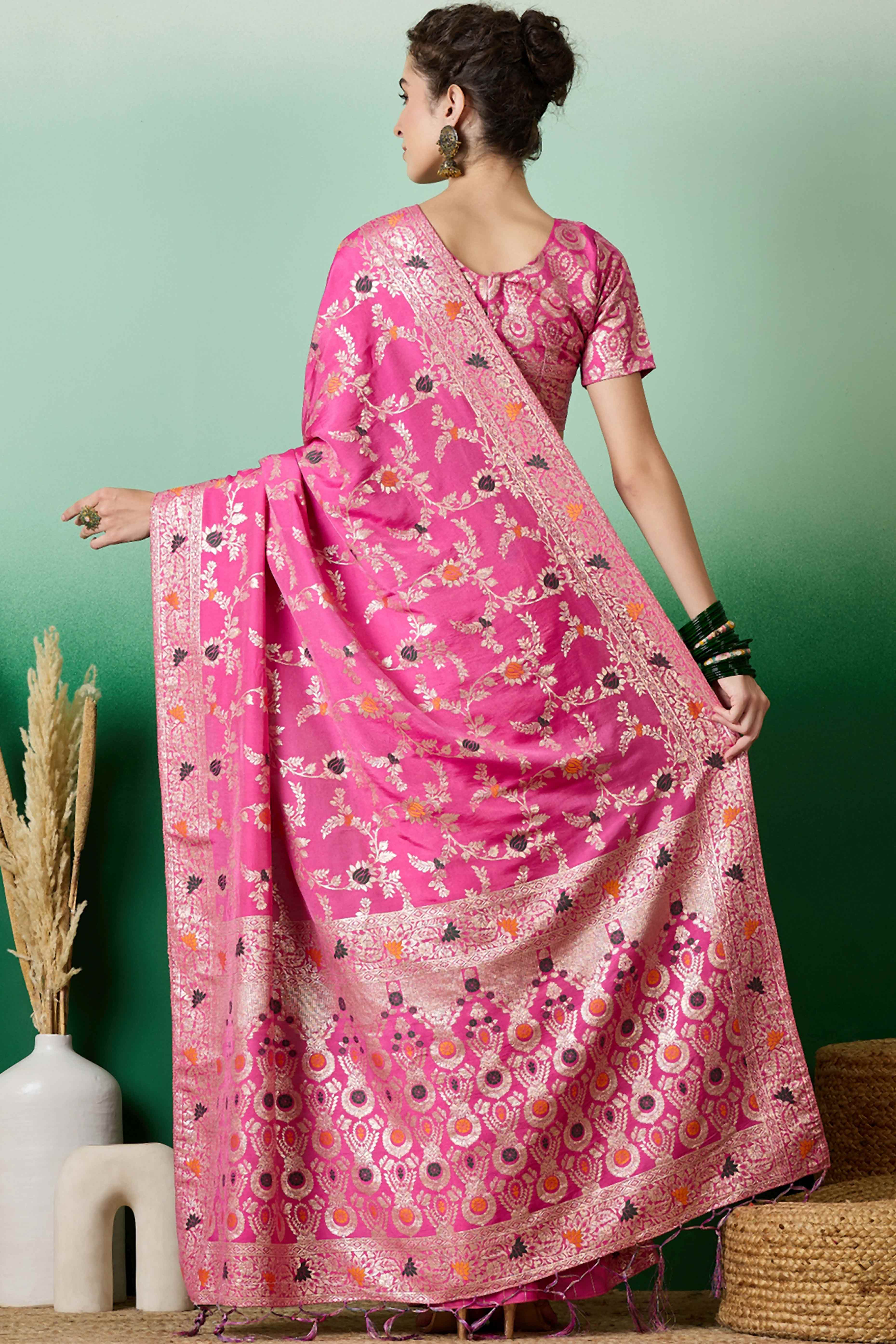 Pink Cotton Meena Jacquard Saree Featuring Intricate Floral Weaving & Tassels On The Pallu - Image 5