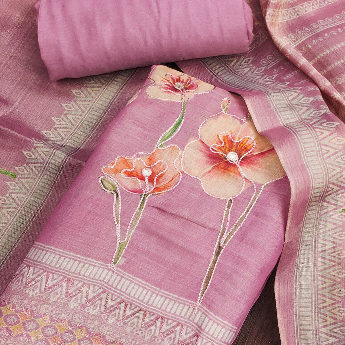 Pink Cotton Silk Dress Material Enhanced With Blooming Floral Digital Prints & Elegant Embroidery - Image 2
