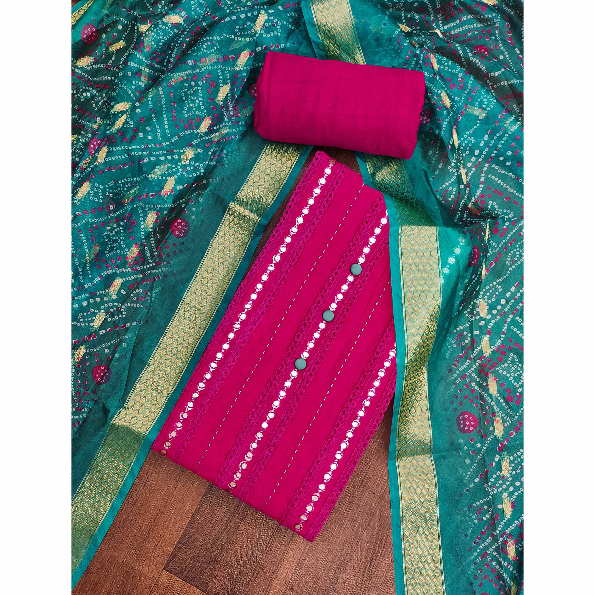Pink Cotton Silk Dress Material Enhanced With Intricate Thread Embroidery & Gota Patti Work - Image 3