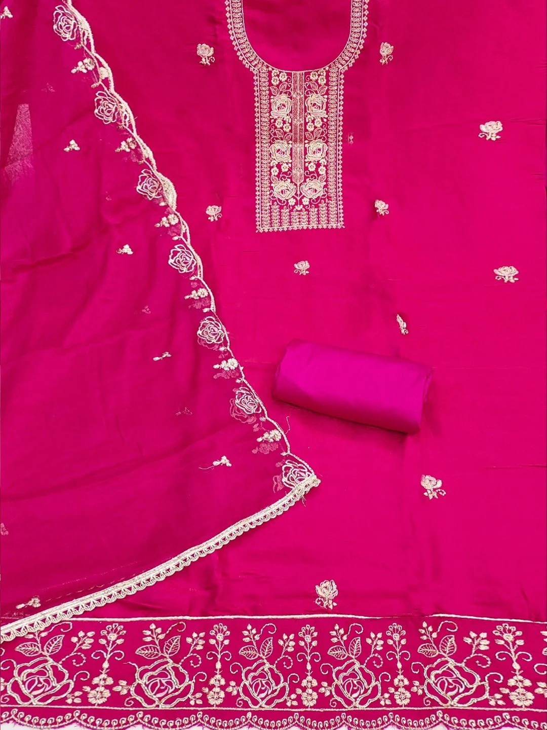 Pink Cotton Silk Embroidered Dress Material Set with Soft Fabric and Festive Appeal - Image 2