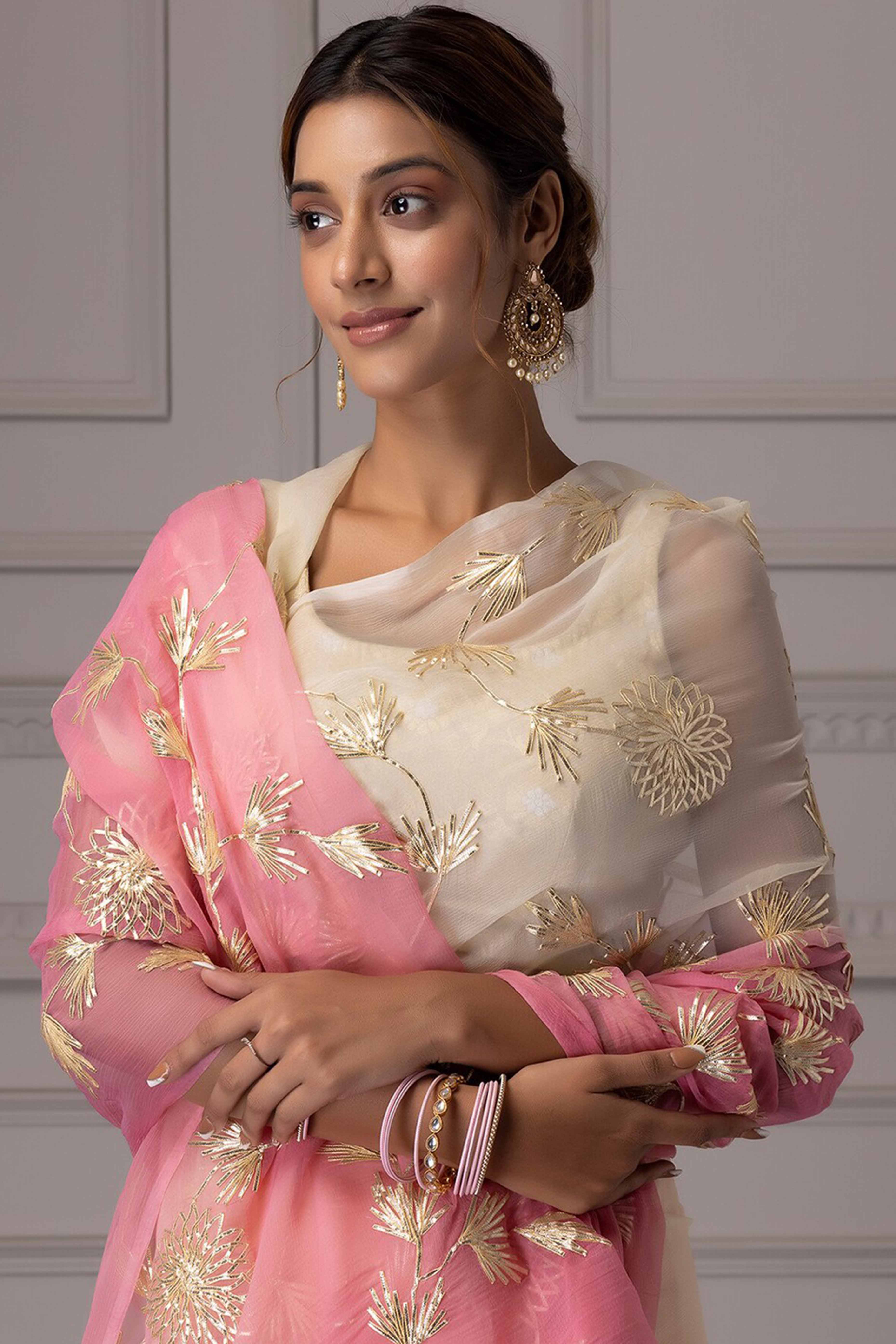 Pink & Cream Floral Gota Patti Work Organza Silk Half & Half Saree - Image 5