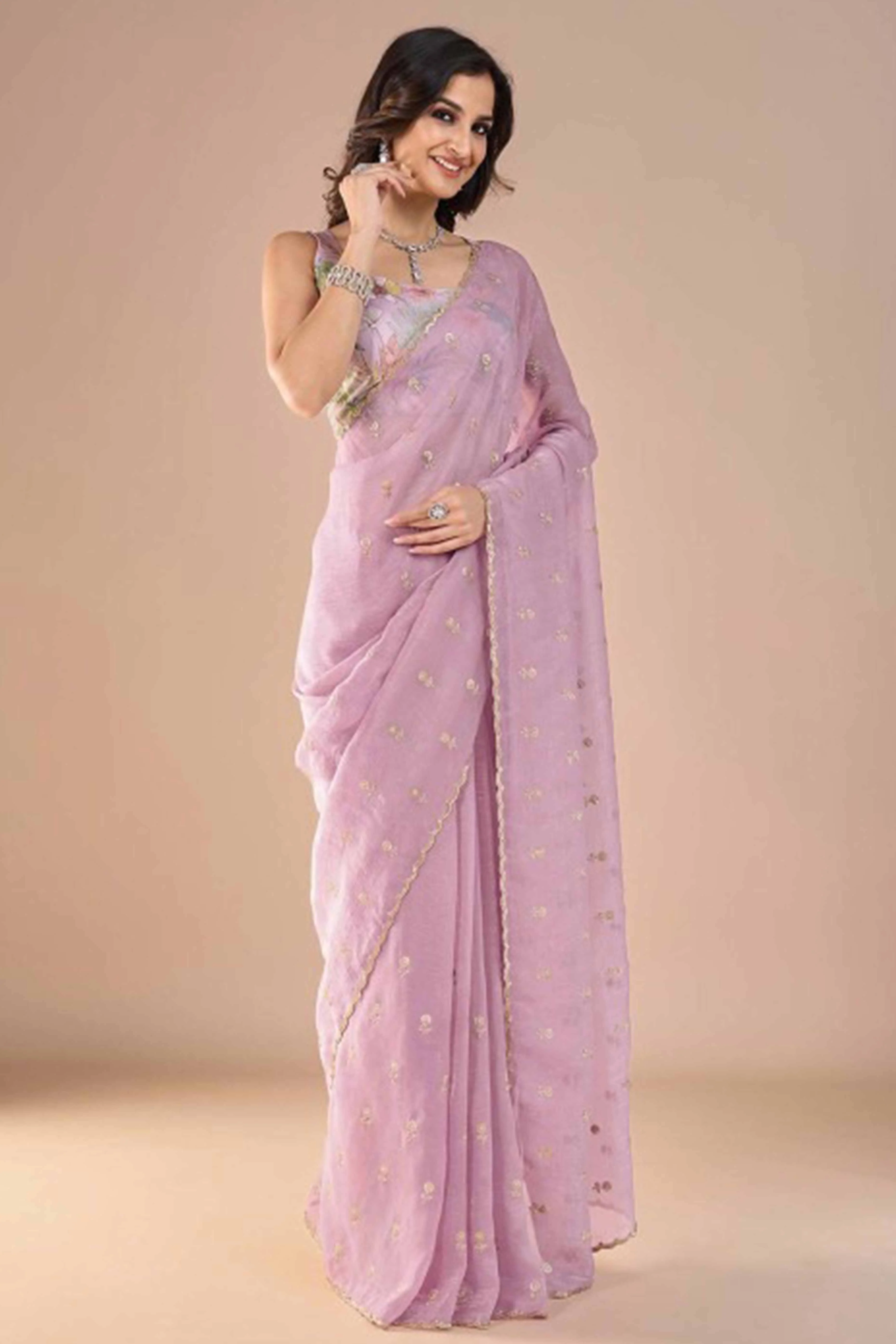 Pink Crunchy Saree Adorned With Floral Sequins Embroidery & Graceful Border Finish - Image 3