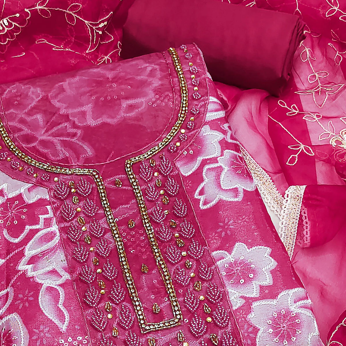Pink Delicate Floral Sequins & Hand Embellishments On Flowing Organza Dress Material - Image 2