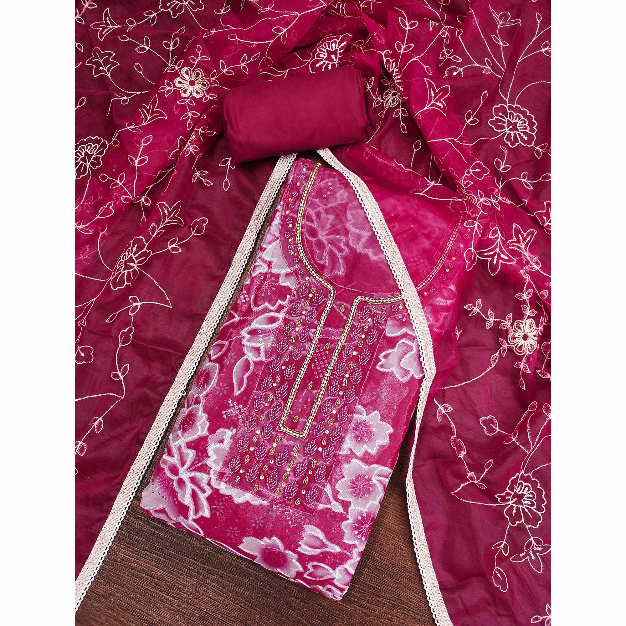 Pink Delicate Floral Sequins & Hand Embellishments On Flowing Organza Dress Material - Image 3