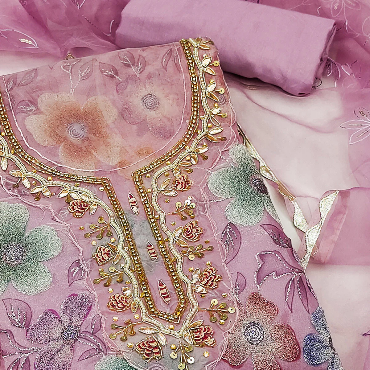 Pink Delight Floral Printed With Moti & Sequins Handwork Viscose Dress Material - Image 2