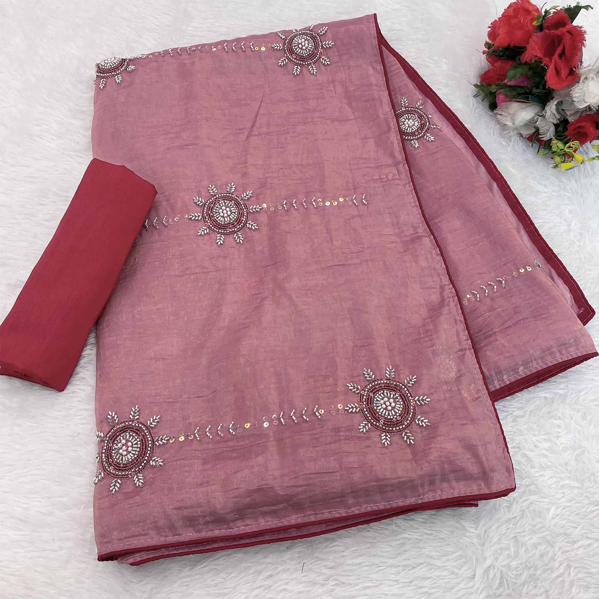 Pink Designer Silk Blend Saree Embellished with Stones & Beads - Image 4