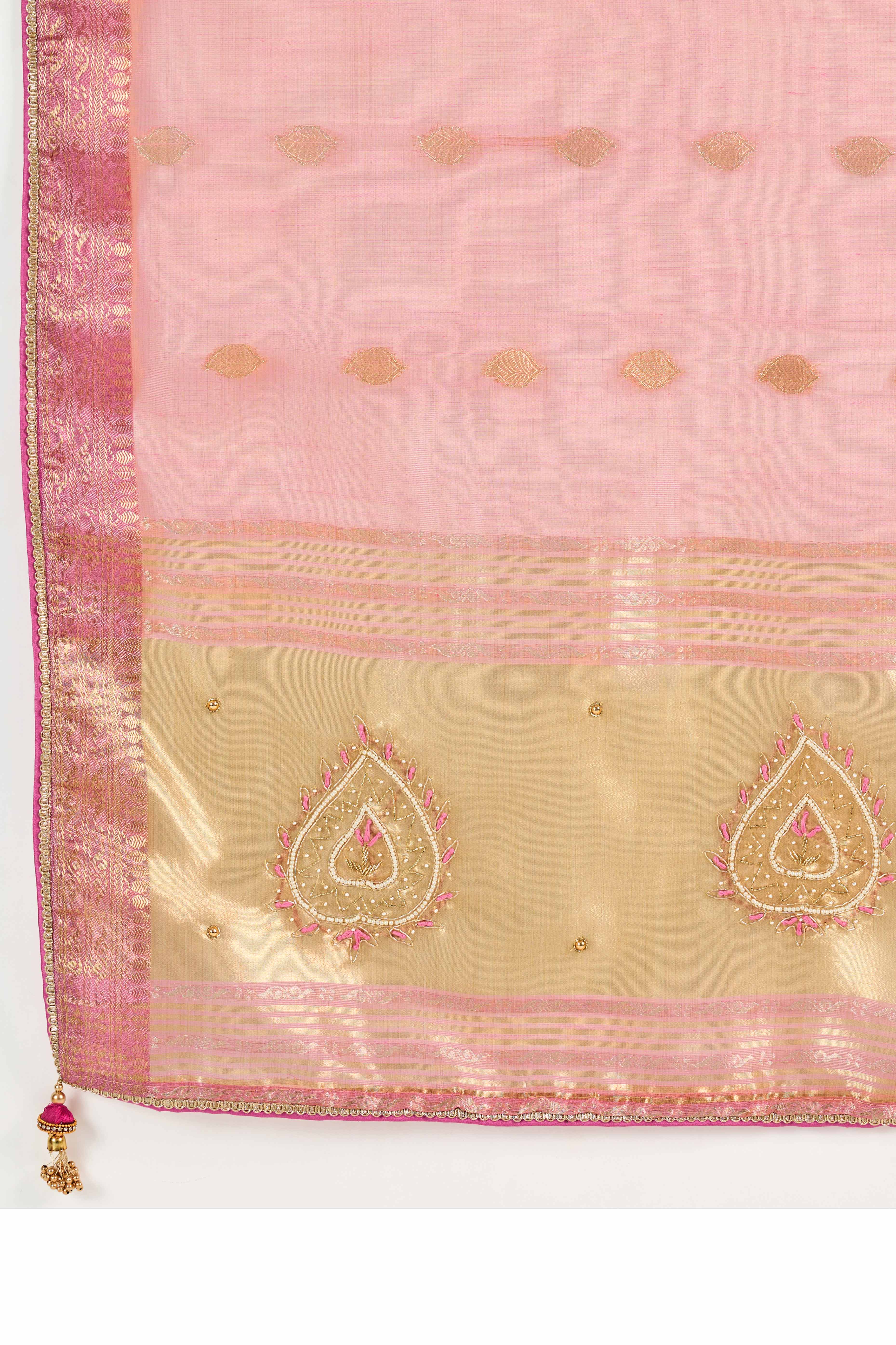 Pink Designer Tissue Linen Woven Saree with Luxe Zari and Beads Work - Image 7