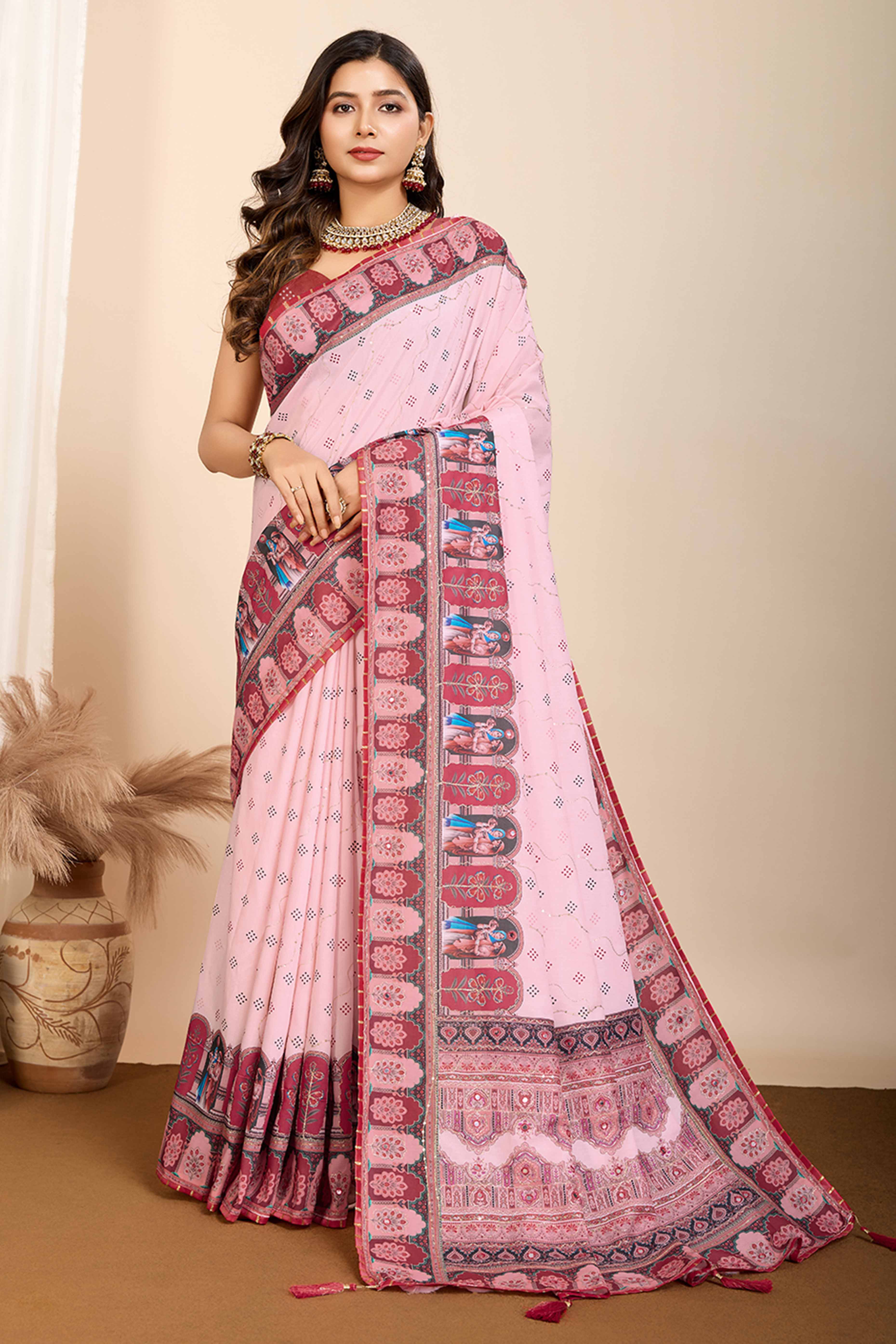Pink Digital Print with Embroidery Work Muslin Saree - Image 3