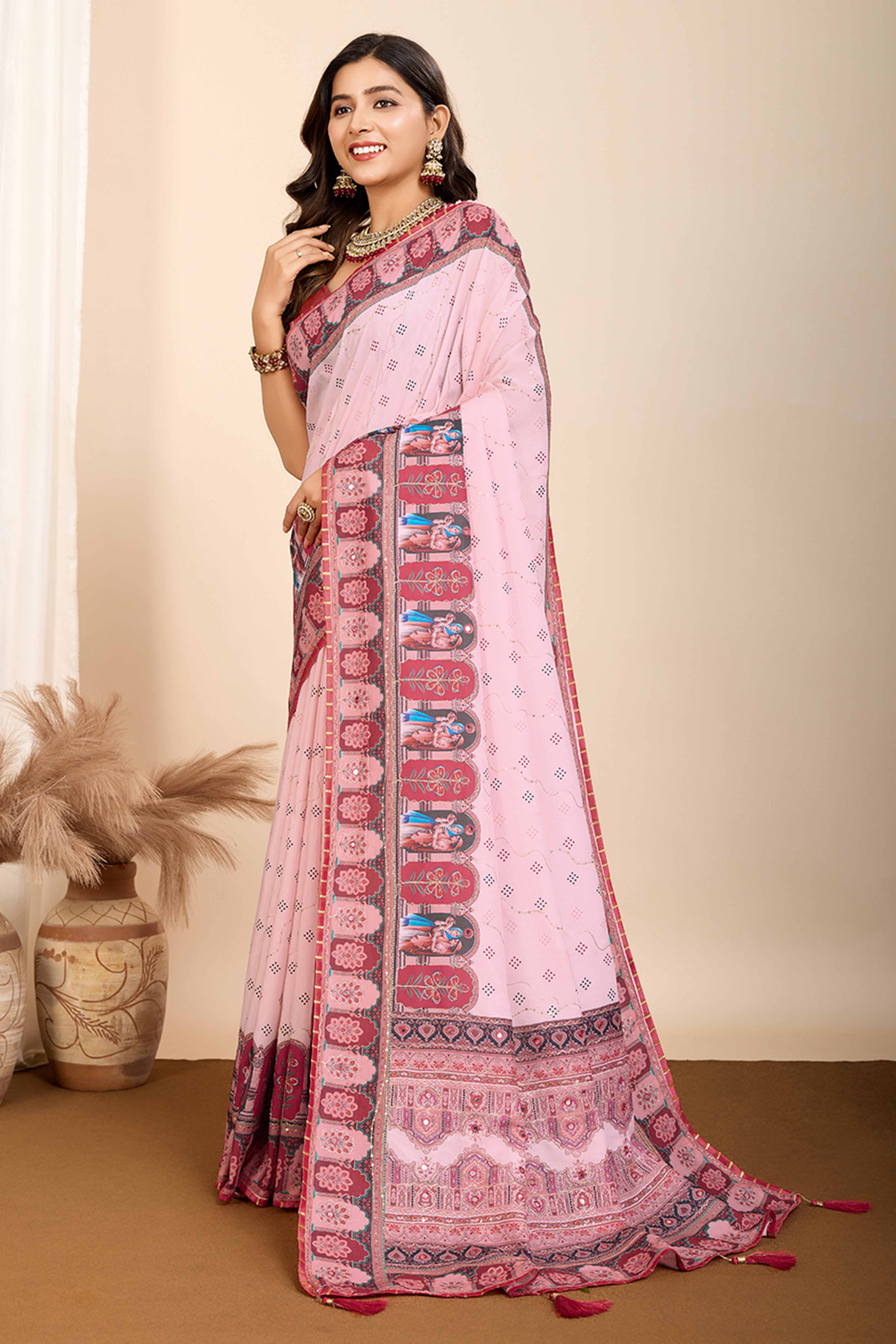 Pink Digital Print with Embroidery Work Muslin Saree - Image 4