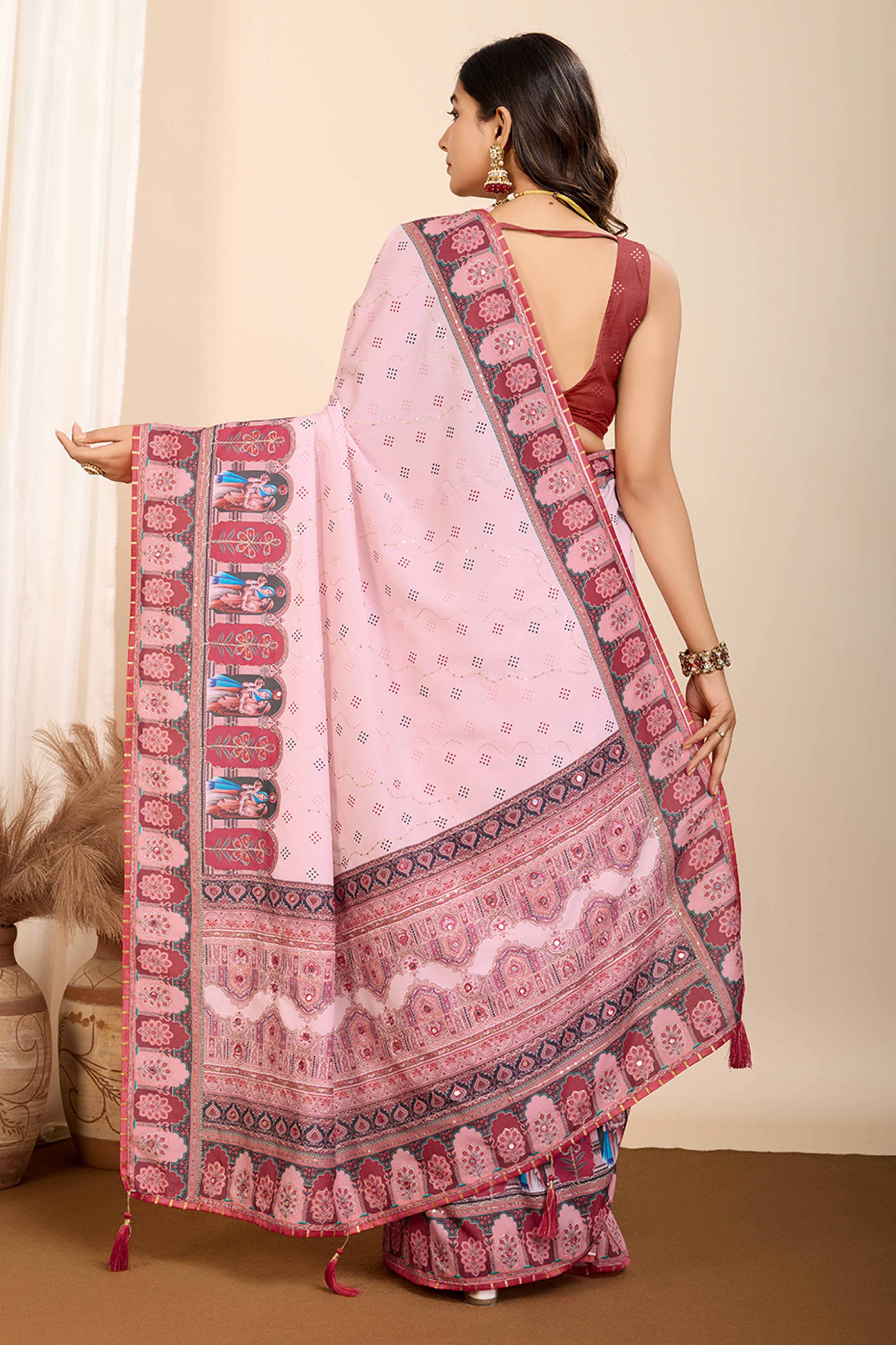 Pink Digital Print with Embroidery Work Muslin Saree - Image 5