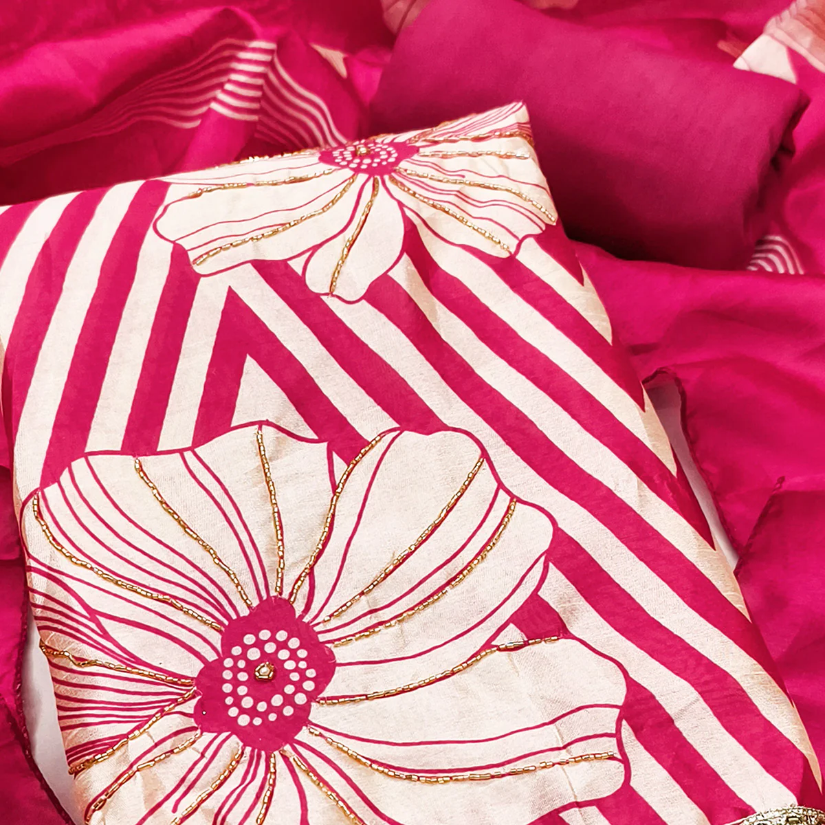 Pink Digital Printed Cotton Silk Dress Material Featuring Floral & Zig Zag Patterns With Handwork - Image 2