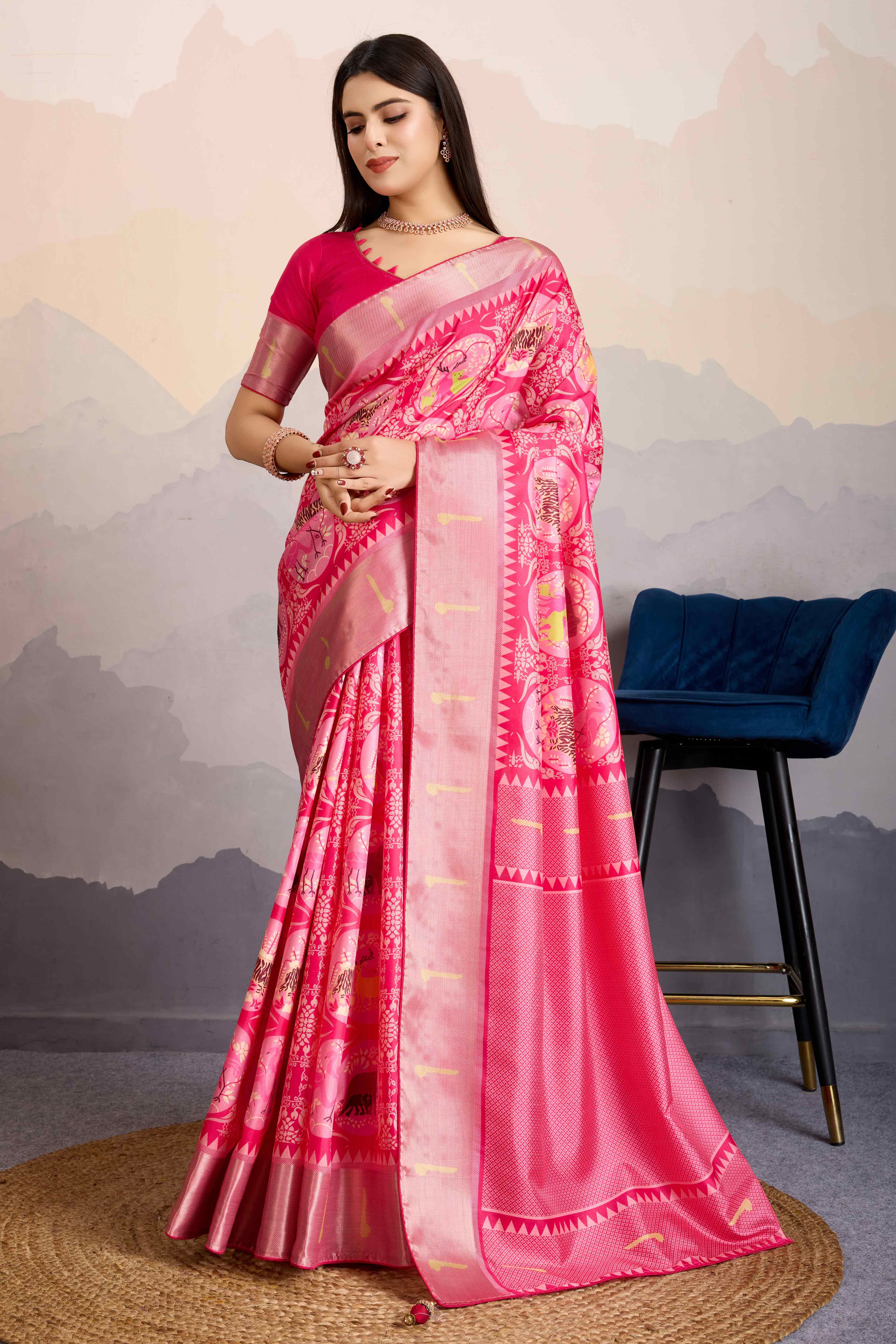 Pink Digital Printed Dola Silk Saree With Exquisite Weaving Zari Border & Opulent Pallu - Image 3